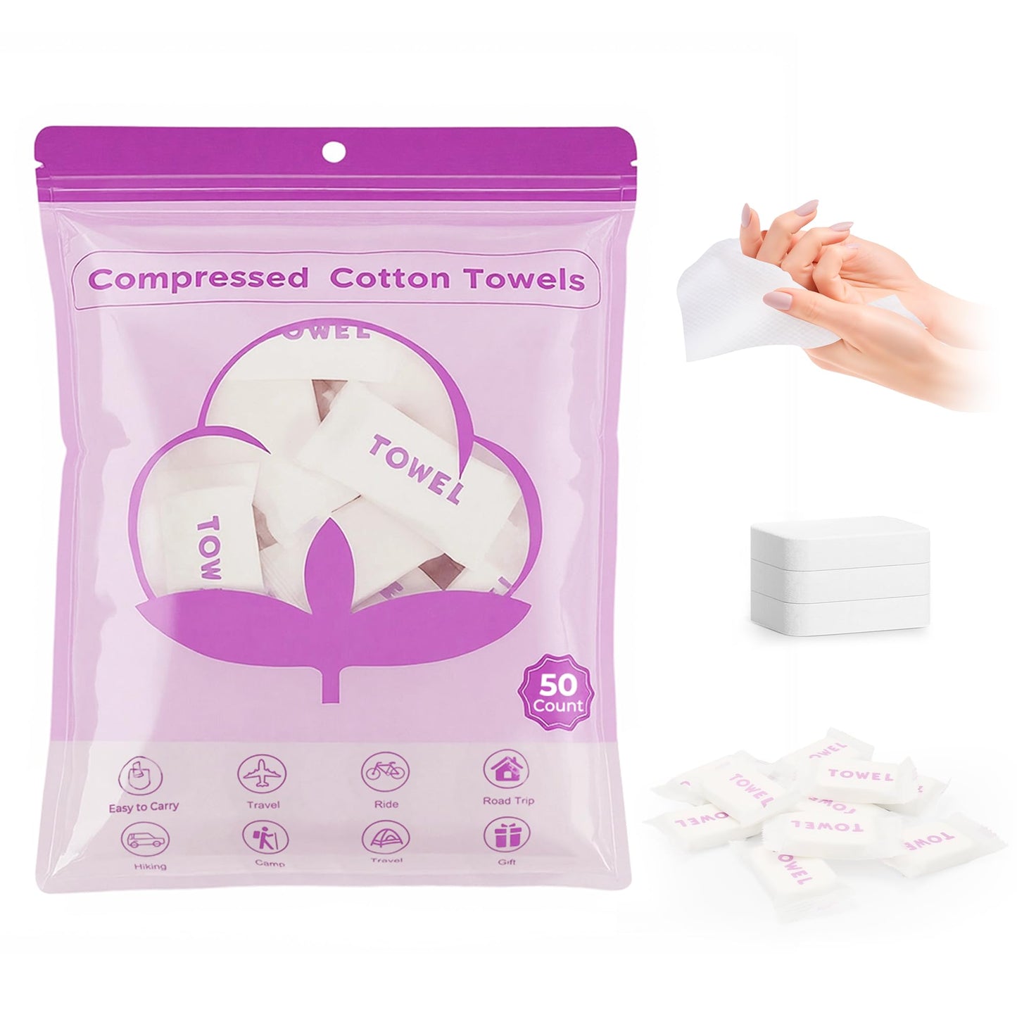 Classycoo Compressed Towels Tablets - Face Towels Disposable, Mini 100 Pack | Soft Individually Wrapped, Cotton, Expands in Seconds, Candy-Shaped, NO-Odor, Facial Washcloths Cleaning/Travel/Camping, Pink