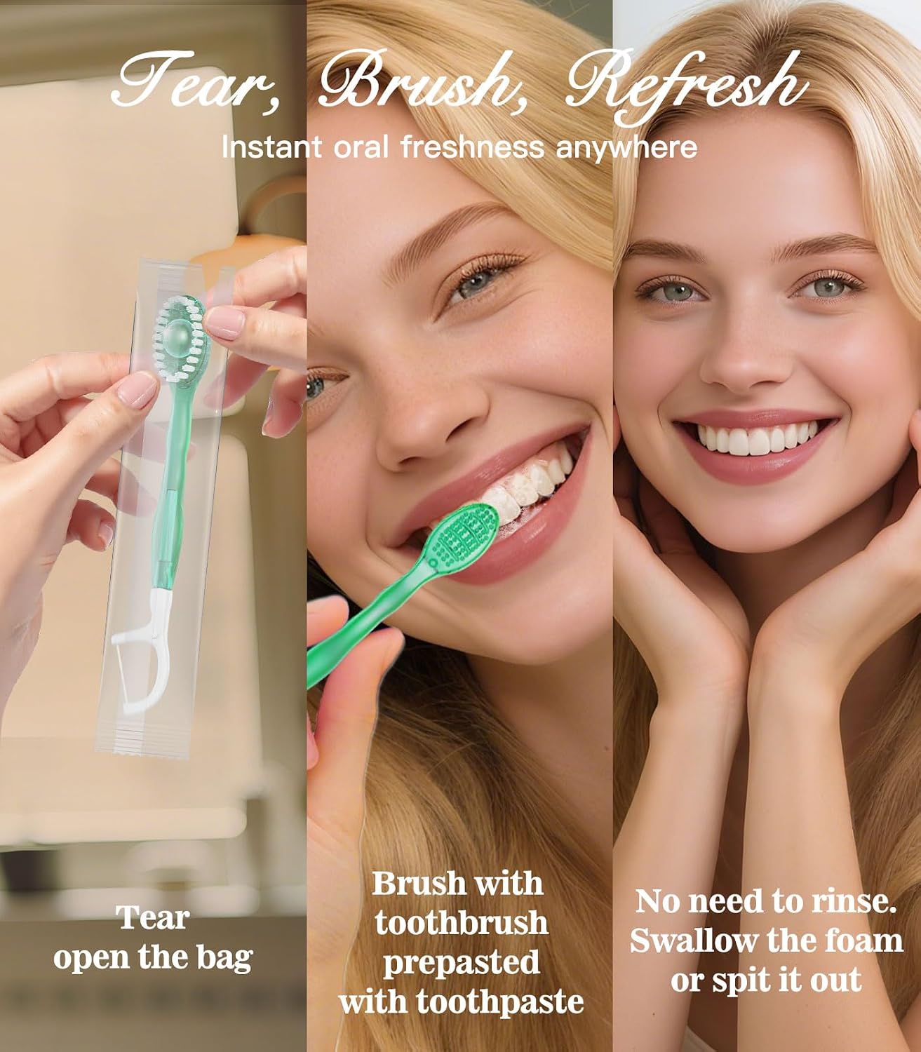12 Pack 5 in 1 Mini Disposable Toothbrush Kit, Green Tea Flavor | Individually Wrapped, Built-in Toothpaste, Floss, Tooth Pick, Tongue Scraper, Portable for Kids Adults