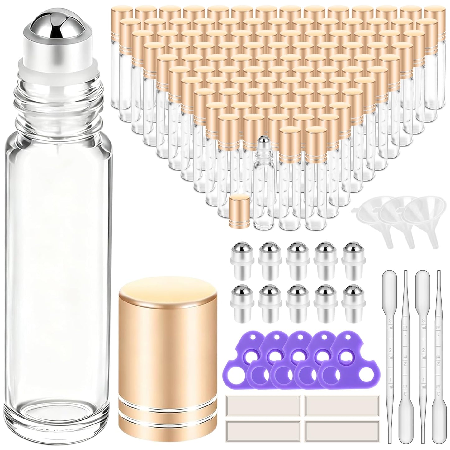 PrettyCare Set of 60, 10 ml Essential Oil Roller Bottles with Stainless Steel Roller Ball - Bulk Refillable Leak-proof Empty Clear Glass Roll on Bottles with Silver Metal Caps for Travel, Perfume