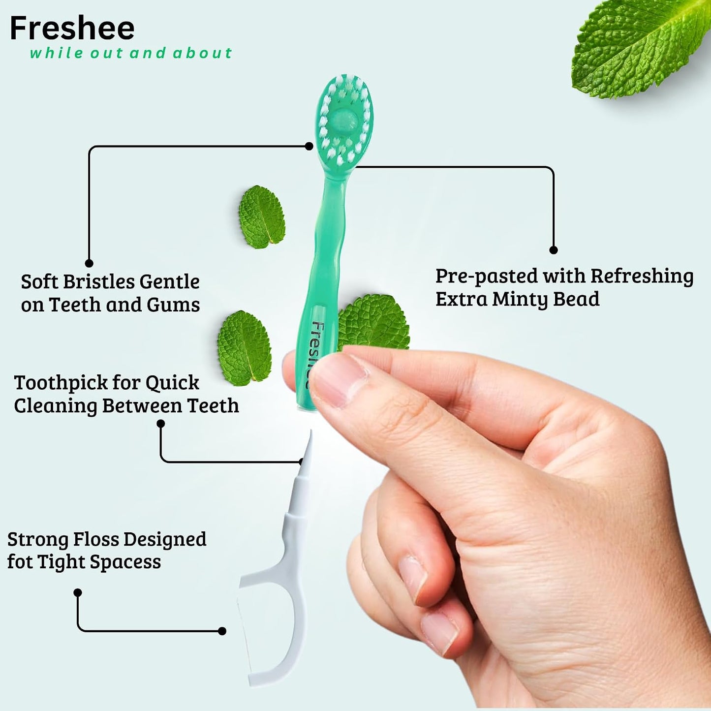 Freshee Disposable Toothbrushes with Toothpaste – 5 in 1 Mini Toothbrush with Floss, Pick, Tongue Scraper | No Water Needed | Individually Wrapped | Prepasted Travel Toothbrush | Extra Mint | Bead
