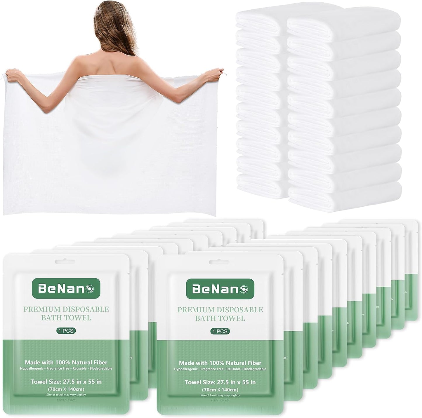 Benano 55 in x 27.5 in Disposable Bath Towels | Ready to Use, 4 Pack | Sanitary, disposable bath towels. 100% USDA Biobased. Elevate experience in salons, hotels, massage, camping and travel