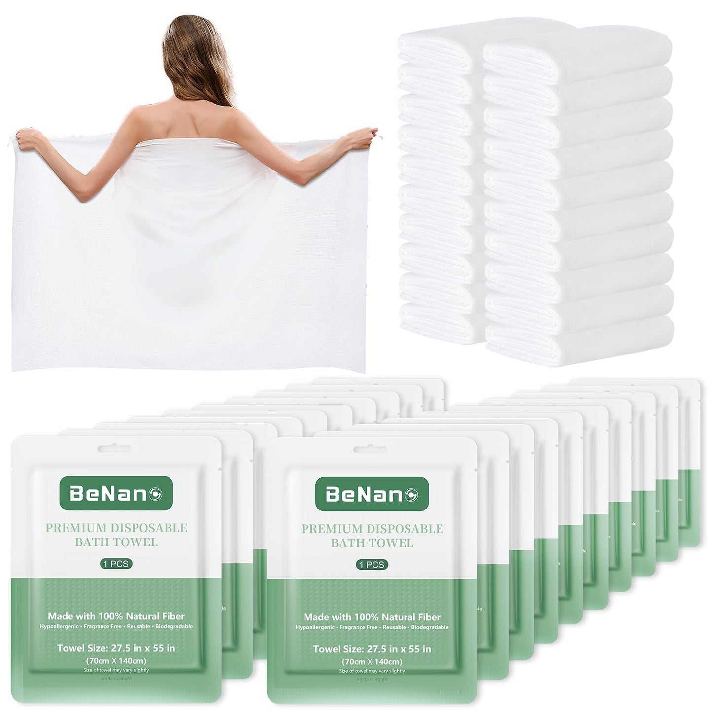 Benano 55 in x 27.5 in Disposable Bath Towels | Ready to Use, 4 Pack | Sanitary, disposable bath towels. 100% USDA Biobased. Elevate experience in salons, hotels, massage, camping and travel