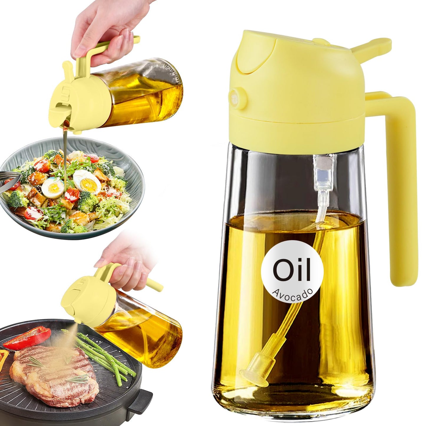YARRAMATE 16 oz 2-in-1 Glass Olive Oil Sprayer for Cooking, Black | Food-grade dispenser bottle, 470 ml, spray and pour, portion control, stickers included, for salad, frying and BBQ