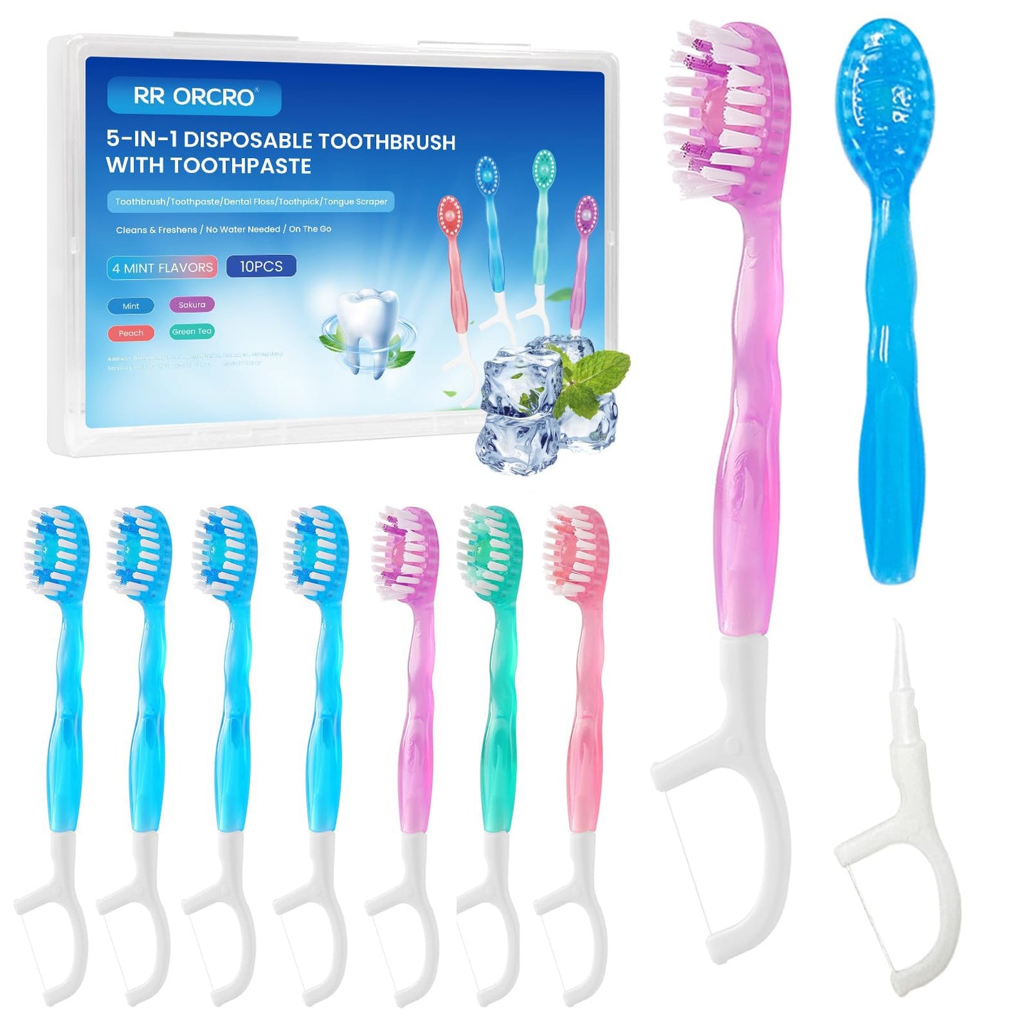 70Pack 5-In-1 Mini Disposable Toothbrushes with Toothpaste, No Rinsing | Prepasted Toothbrush with Pick Floss, Tongue Scraper, Waterless Single Use Brush for Travel Hotel Camping Flight