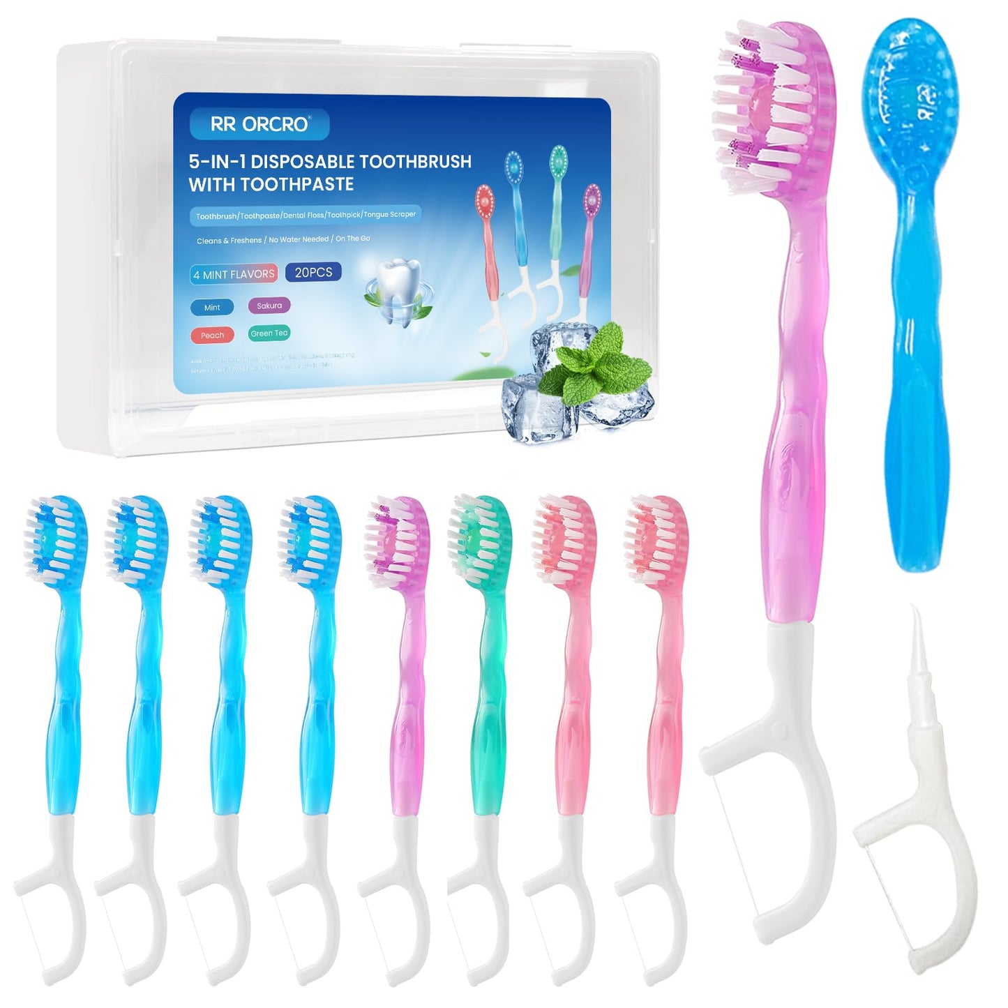 70Pack 5-In-1 Mini Disposable Toothbrushes with Toothpaste, No Rinsing | Prepasted Toothbrush with Pick Floss, Tongue Scraper, Waterless Single Use Brush for Travel Hotel Camping Flight