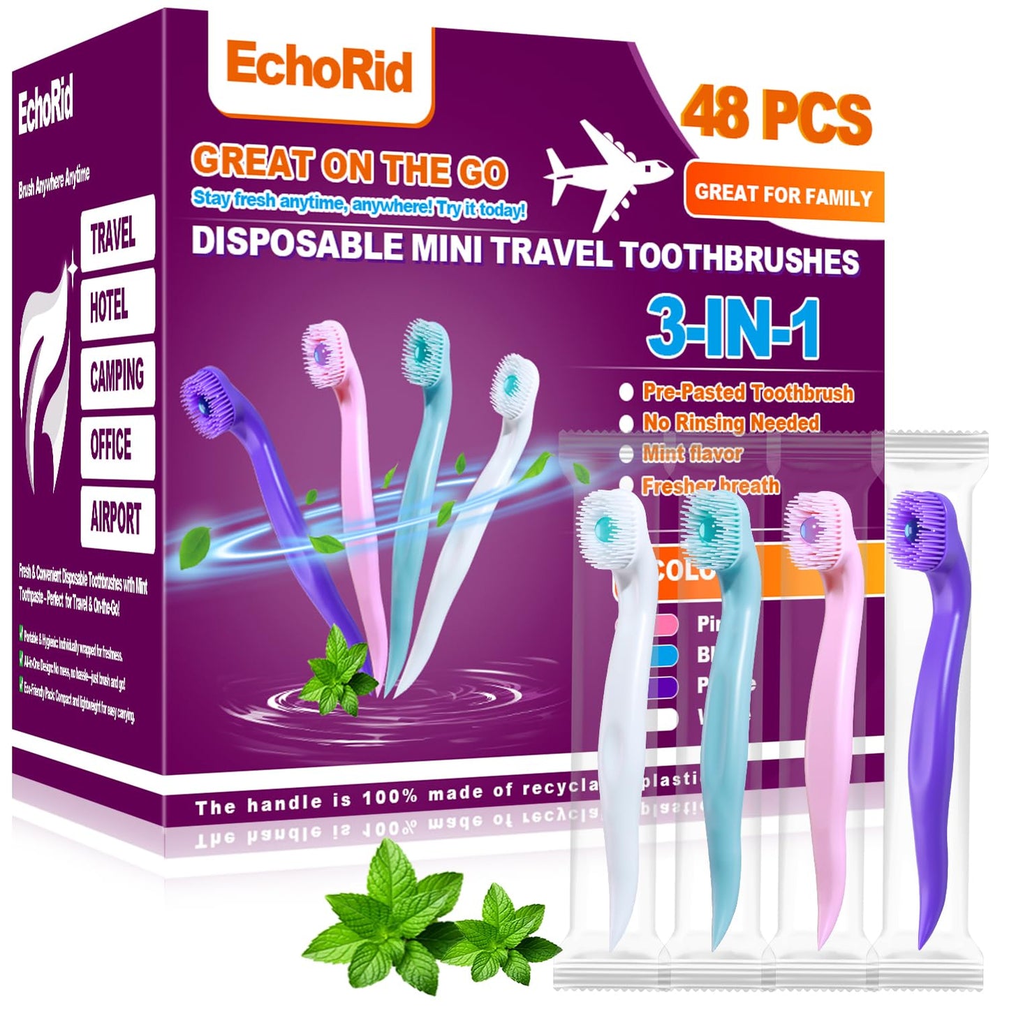 Mini Disposable Toothbrush, Pre-Pasted Toothbrushes with Toothpaste and Toothpick for Travel - Fluoride Free, No Rinsing Needed, Mint Flavor, Fresh Breath Anywhere Anytime - 28 Ct