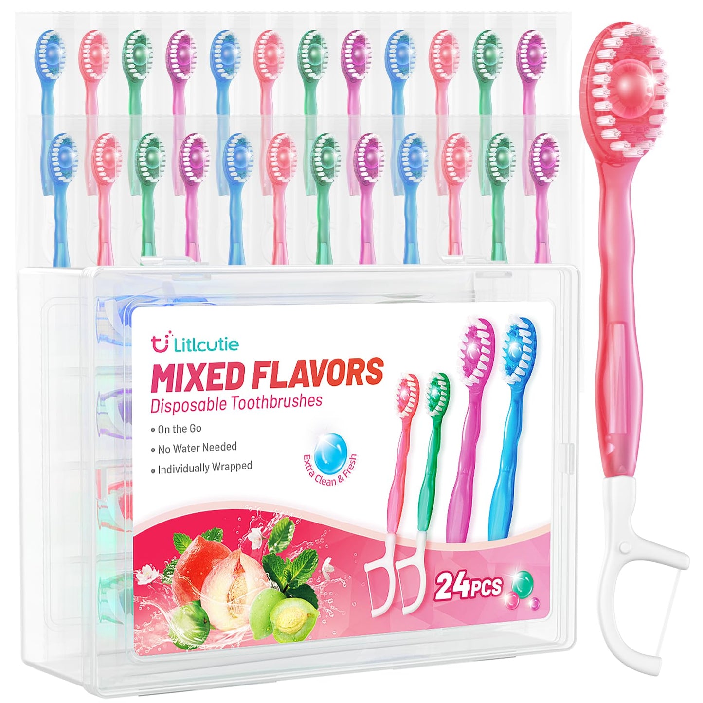 12 Pack 5 in 1 Mini Disposable Toothbrush Kit, Green Tea Flavor | Individually Wrapped, Built-in Toothpaste, Floss, Tooth Pick, Tongue Scraper, Portable for Kids Adults
