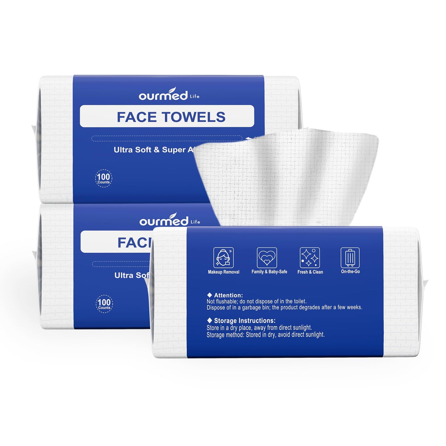 Ourmed Life Clean Face Towels Disposable, Ultra Soft & Absorbent, 300 Ct | Lint-Free, Sensitive Skin Friendly, Biodegradable, Skincare, Makeup Remover Dry Wipes, Facial Towels for Women Cleansing