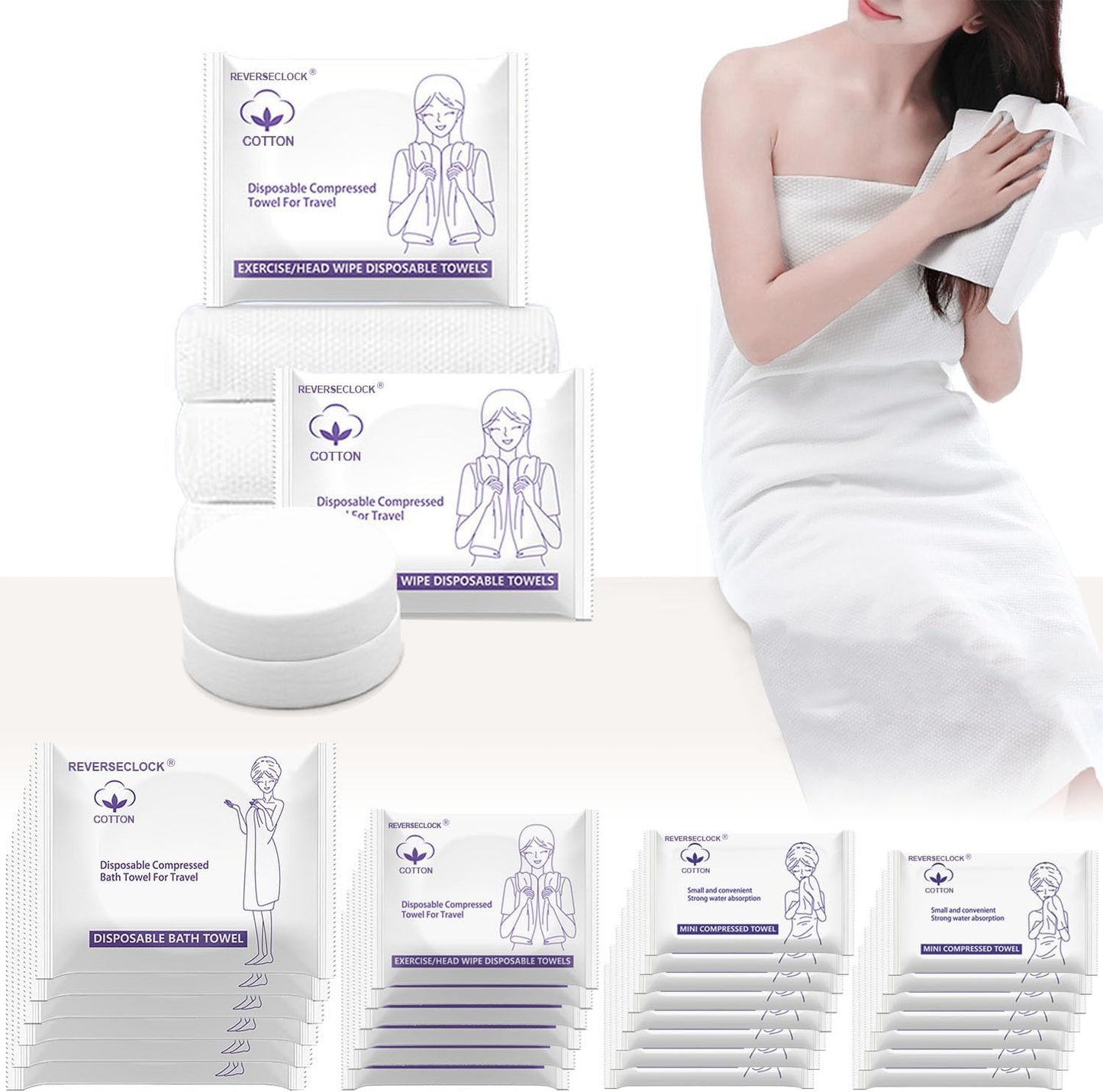 27 Pack Disposable Compressed Towels Set for Travel Portable Washcloths | 3 sizes set, 6 large bath towel + 6 body towel + 15 face towel, thick durable reusable for camping hiking hotel business trip