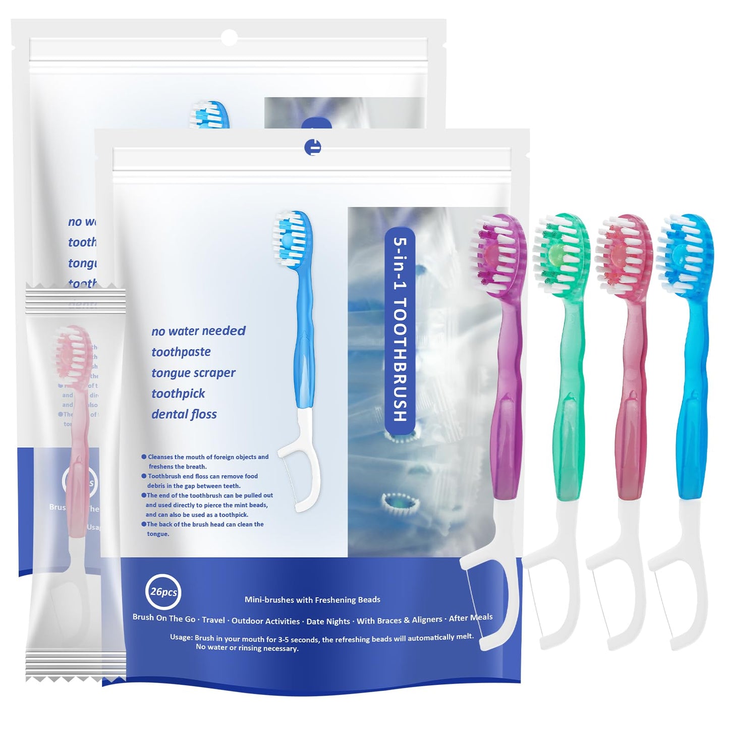 5 in 1 Mini Brushes-Disposable Toothbrushes with Toothpaste + Floss + Pick + Tongue Scraper | Travel Size | Individually Wrapped | Soft | Mint | Travel Set (Mint, 52pcs(2Pack))