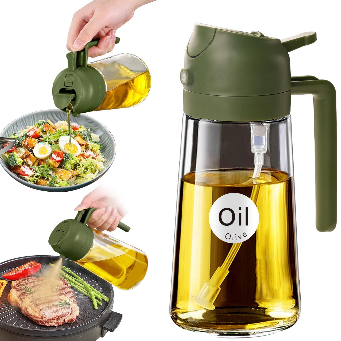 YARRAMATE 16 oz 2-in-1 Glass Olive Oil Sprayer for Cooking, Black | Food-grade dispenser bottle, 470 ml, spray and pour, portion control, stickers included, for salad, frying and BBQ
