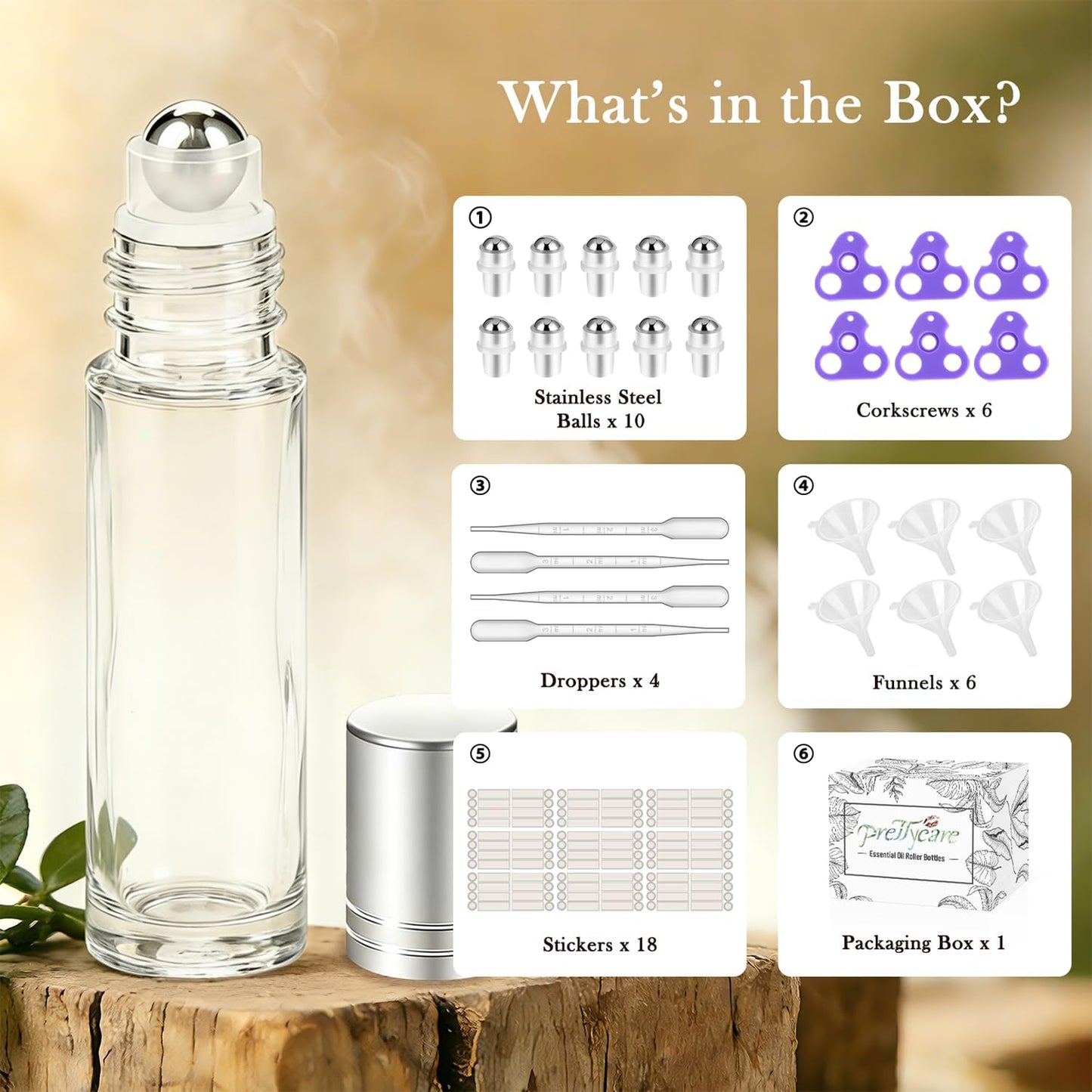 PrettyCare Set of 60, 10 ml Essential Oil Roller Bottles with Stainless Steel Roller Ball - Bulk Refillable Leak-proof Empty Clear Glass Roll on Bottles with Silver Metal Caps for Travel, Perfume
