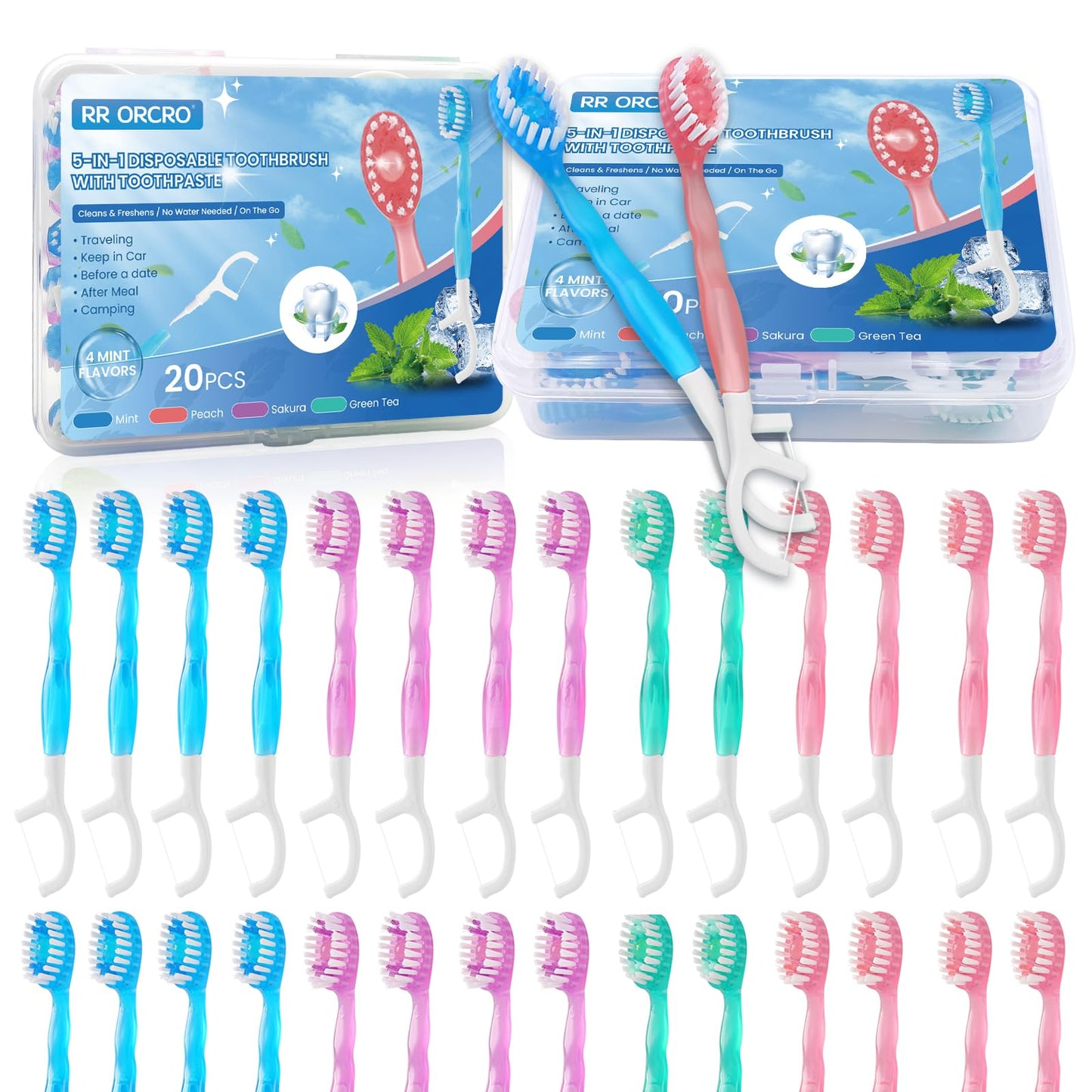 70Pack 5-In-1 Mini Disposable Toothbrushes with Toothpaste, No Rinsing | Prepasted Toothbrush with Pick Floss, Tongue Scraper, Waterless Single Use Brush for Travel Hotel Camping Flight