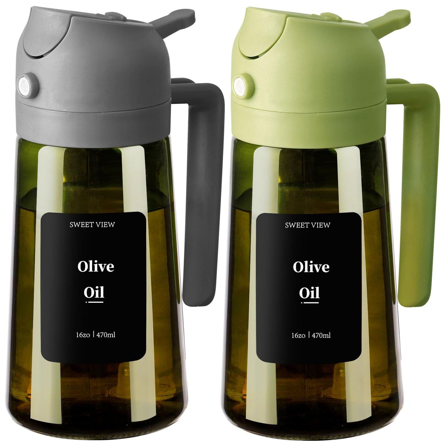 SWEET VIEW 2Pcs Olive Oil Spray Bottle 16oz/470ml | Glass Light-Proof Oil Pourer/Dispenser for Kitchen Air Fryer, Cooking, Salad, and BBQ, with Stickers