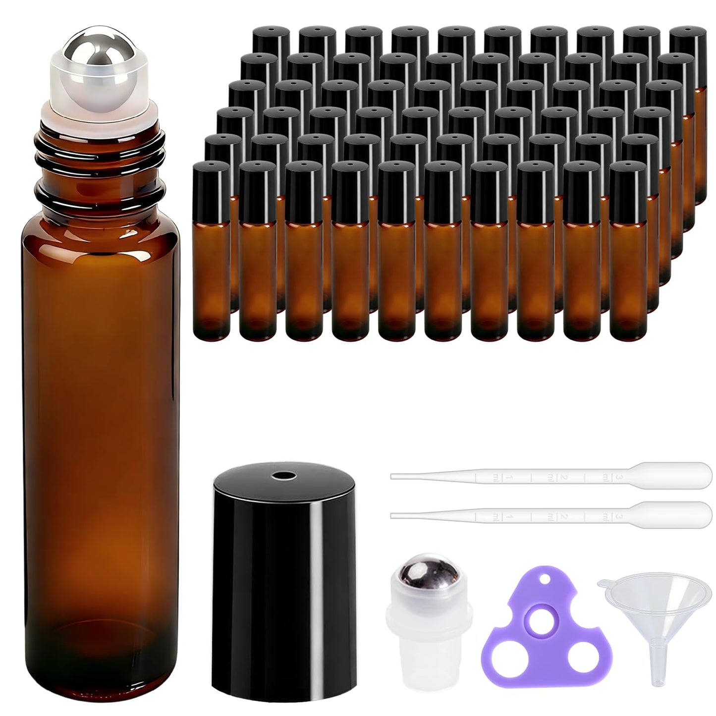 PrettyCare Set of 60, 10 ml Essential Oil Roller Bottles with Stainless Steel Roller Ball - Bulk Refillable Leak-proof Empty Clear Glass Roll on Bottles with Silver Metal Caps for Travel, Perfume