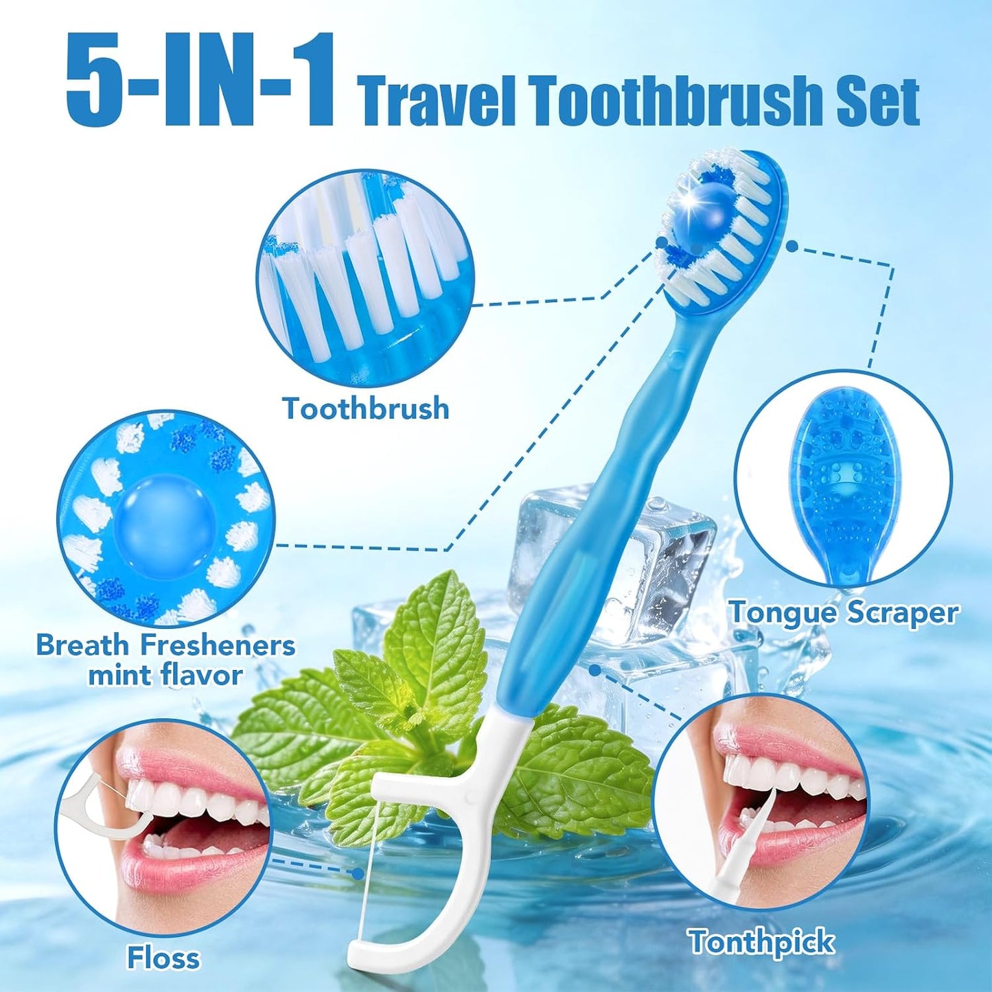 5 in 1 Disposable Travel Toothbrushes, Prepasted Mini On-the-Go Disposable Toothbrushes with Toothpaste Floss Pick Tongue Scraper, Individually Wrapped Travel Toothbrush Set(30PCS,Mint)