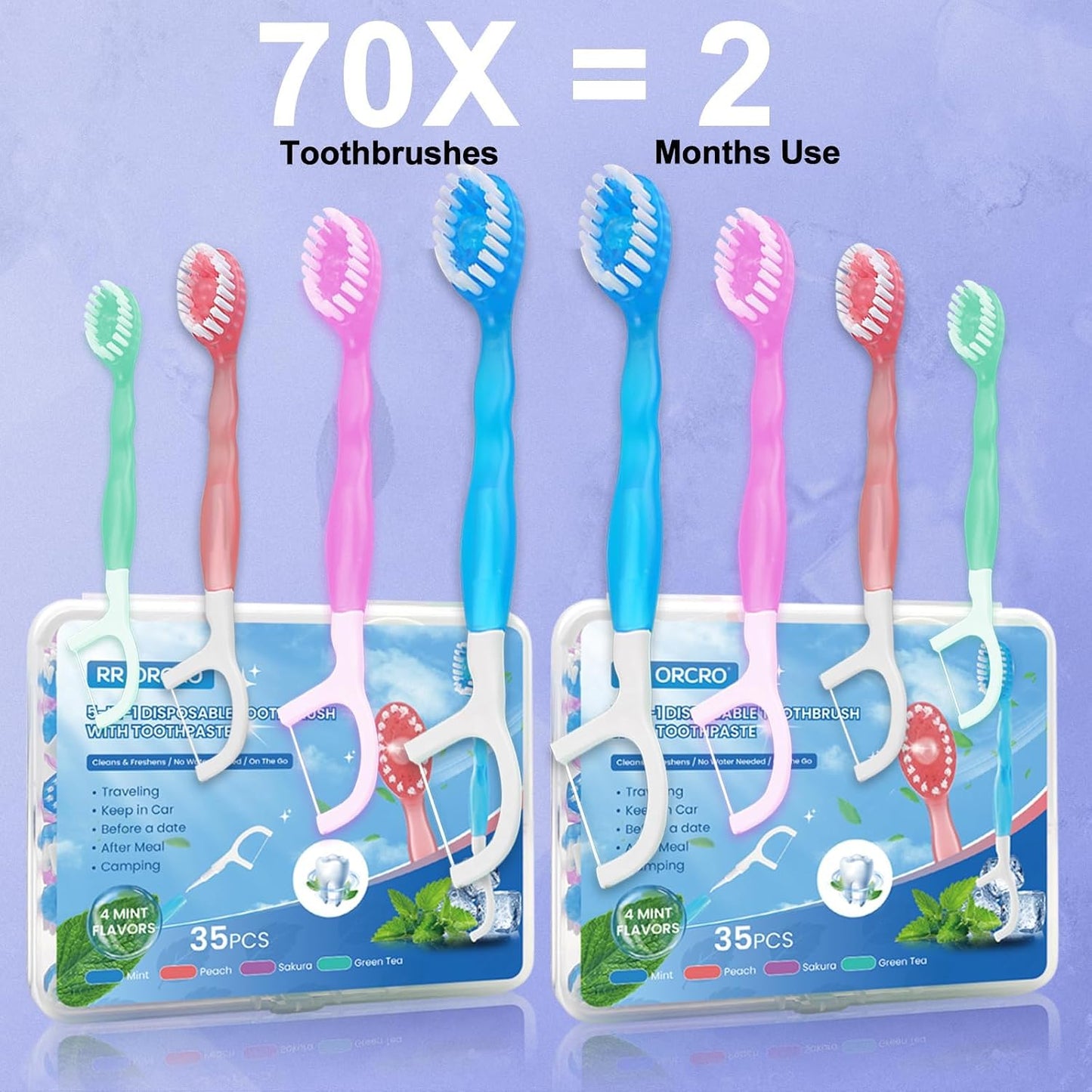 70Pack 5-In-1 Mini Disposable Toothbrushes with Toothpaste, No Rinsing | Prepasted Toothbrush with Pick Floss, Tongue Scraper, Waterless Single Use Brush for Travel Hotel Camping Flight