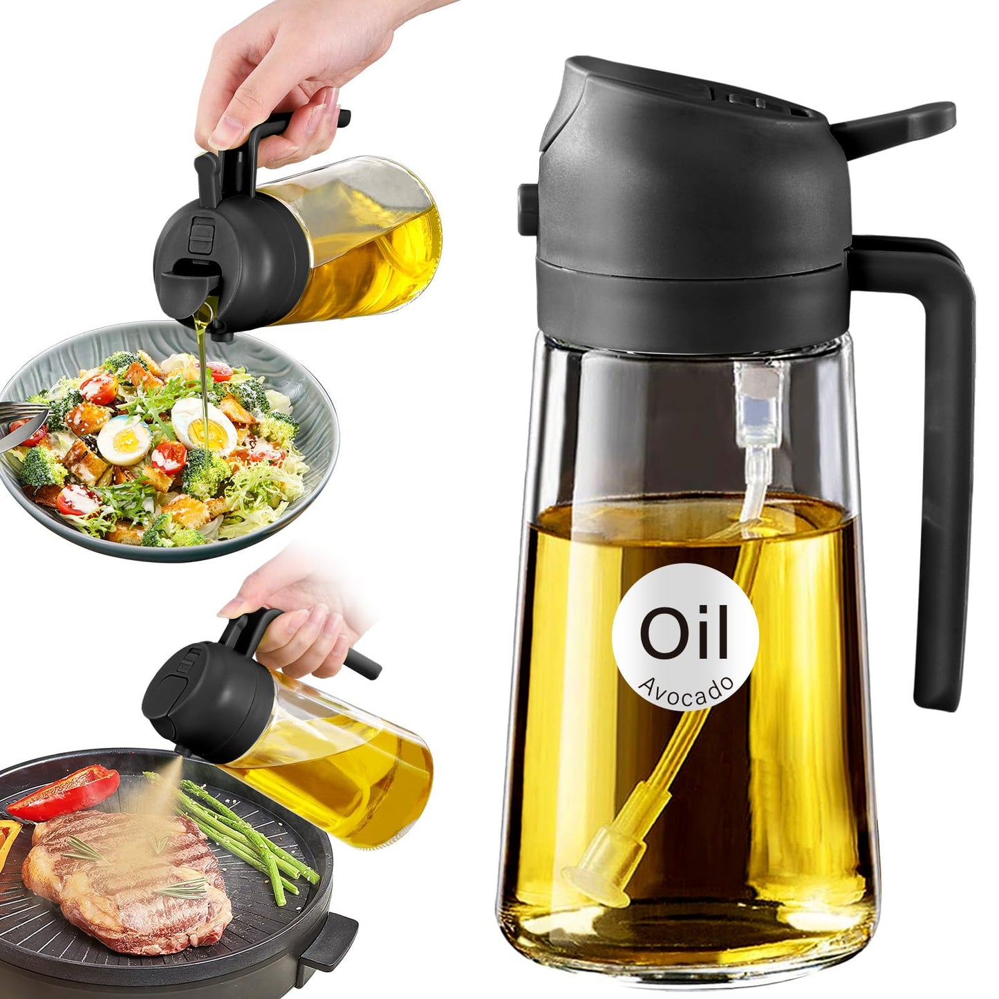 YARRAMATE 16 oz 2-in-1 Glass Olive Oil Sprayer for Cooking, Black | Food-grade dispenser bottle, 470 ml, spray and pour, portion control, stickers included, for salad, frying and BBQ