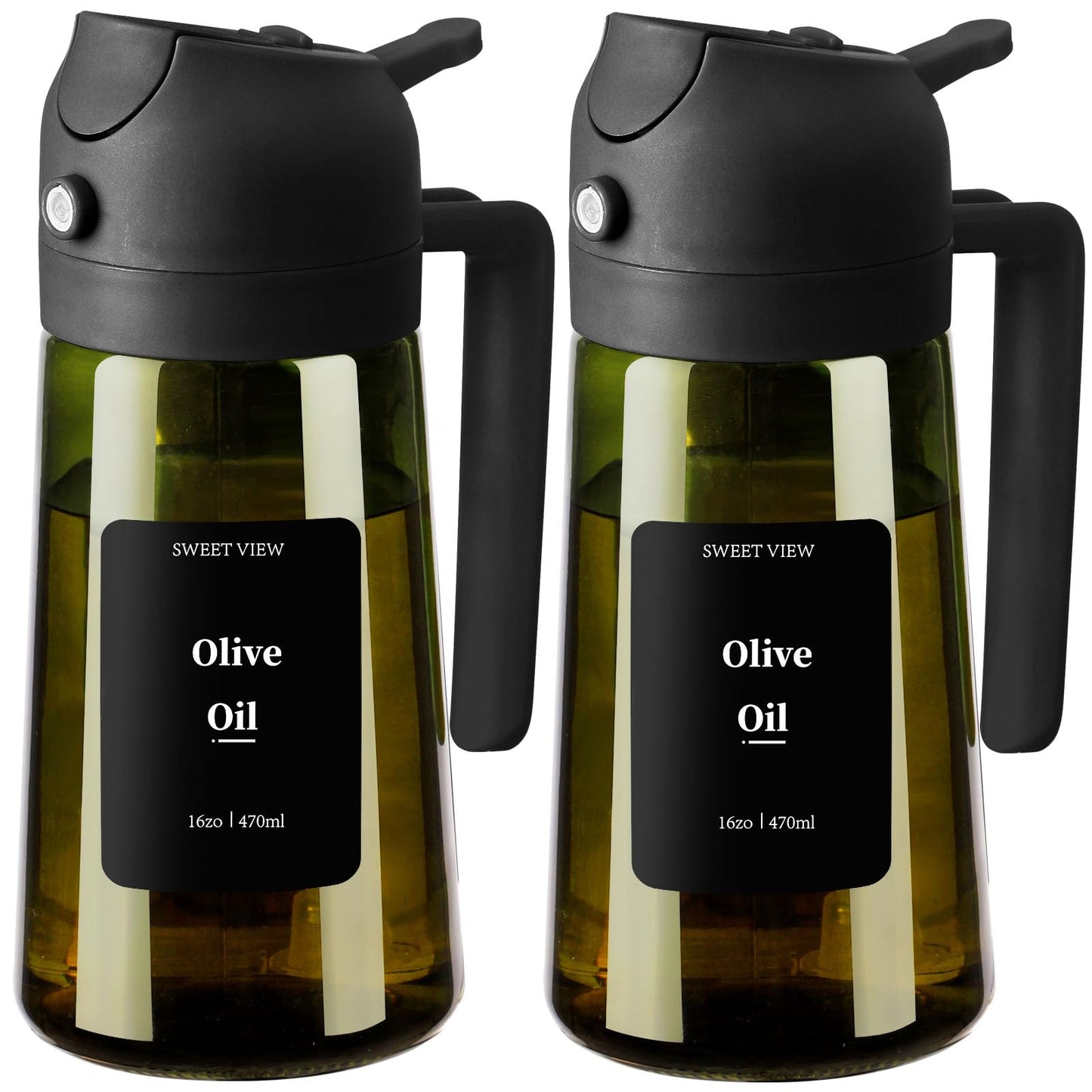SWEET VIEW 2Pcs Olive Oil Spray Bottle 16oz/470ml | Glass Light-Proof Oil Pourer/Dispenser for Kitchen Air Fryer, Cooking, Salad, and BBQ, with Stickers