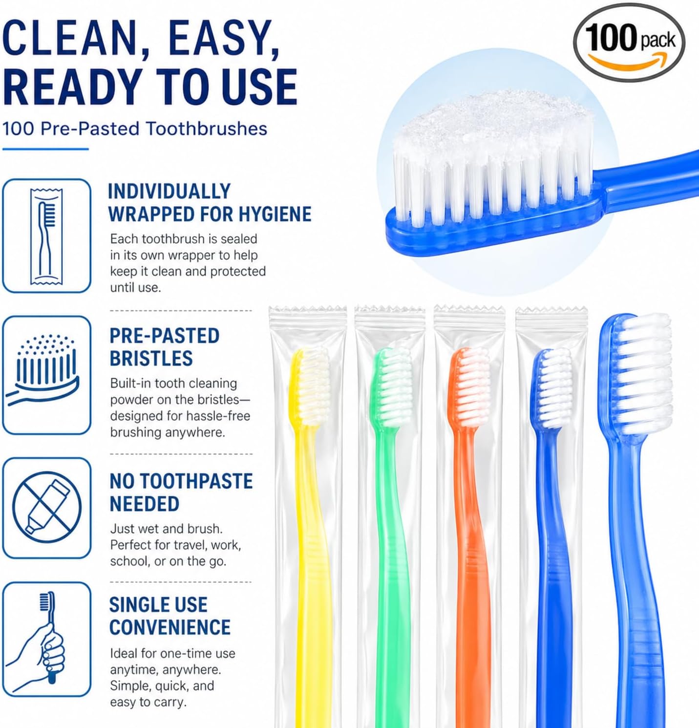 Ziliny 400 Prepasted Disposable Toothbrushes Bulk Individually Wrapped | Prepasted Disposable Toothbrush,Soft Bristle,Travel, Colorful Toothbrush, for Homeless Gift, Hotel Camping Travel
