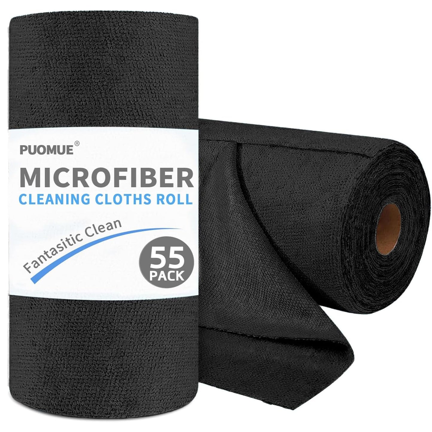 Puomue 55 Pack Microfiber Cleaning Cloth Roll, Tear Away Reusable Paper Towels, 11" x 9", Ultra Absorbent & Lint Free Microfiber Cloth for Cleaning Cars, Kitchen, Window, Home and Shop, Grey