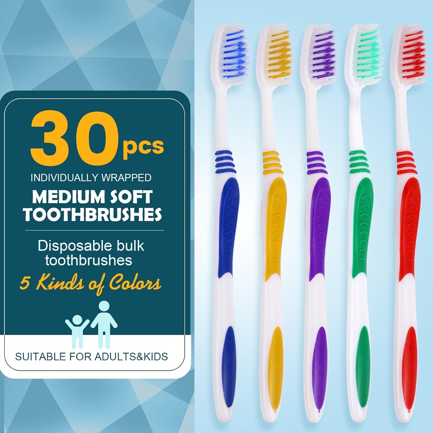 30 PCS Disposable Toothbrushes Pack, Bulk Toothbrush Individually Wrapped | Medium Soft Bristle Toothbrush, Kids Toothbrushes, Ergonomics Handle, Perfect for Travel Hotel Donation