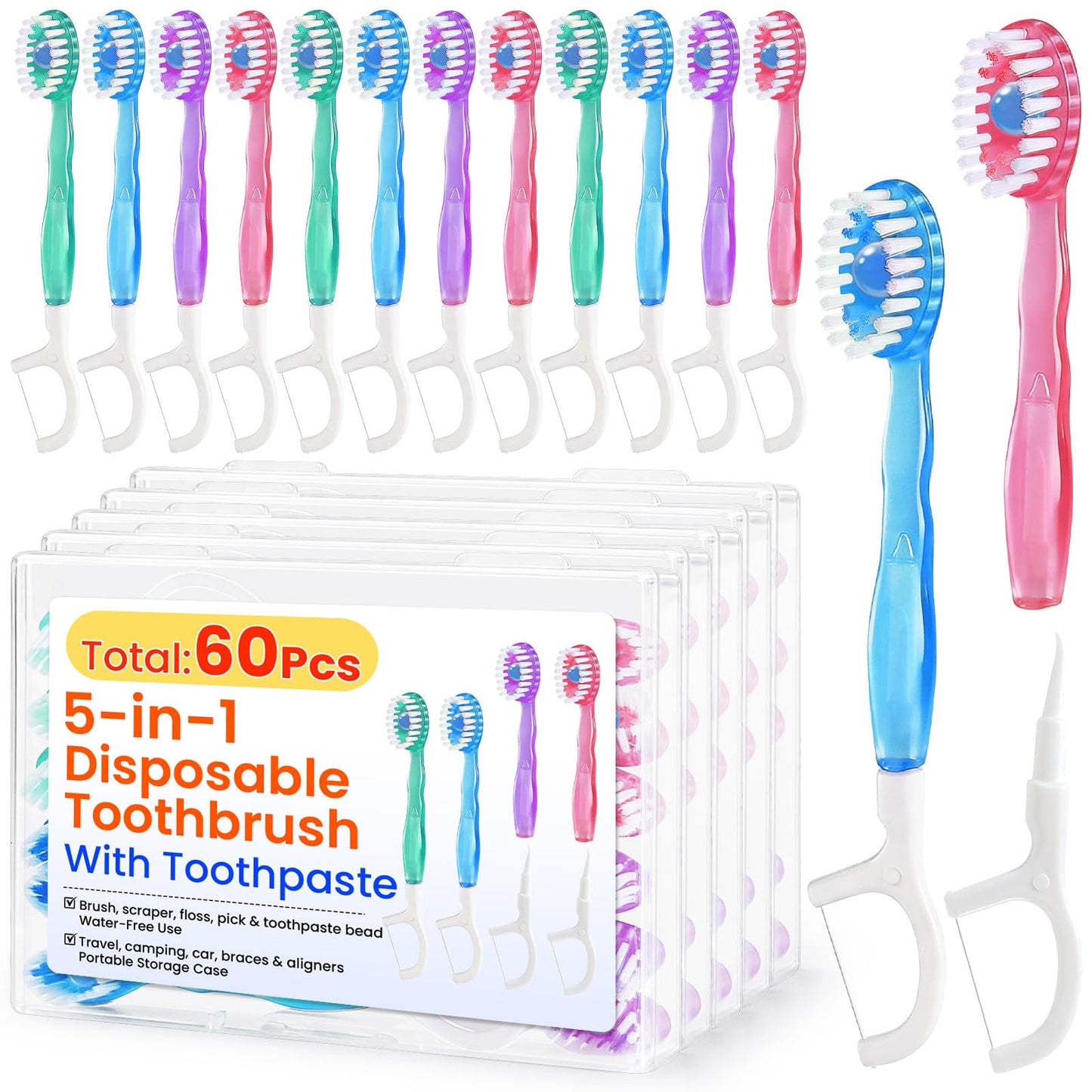 36 Pack 5-in-1 Mini Disposable Toothbrush, WaterlessToothbrushes (Mint) | Disposable Toothbrushes with Toothpaste, Floss, Tongue Scraper & Toothpick, Ideal for Travel, Work, Hotel