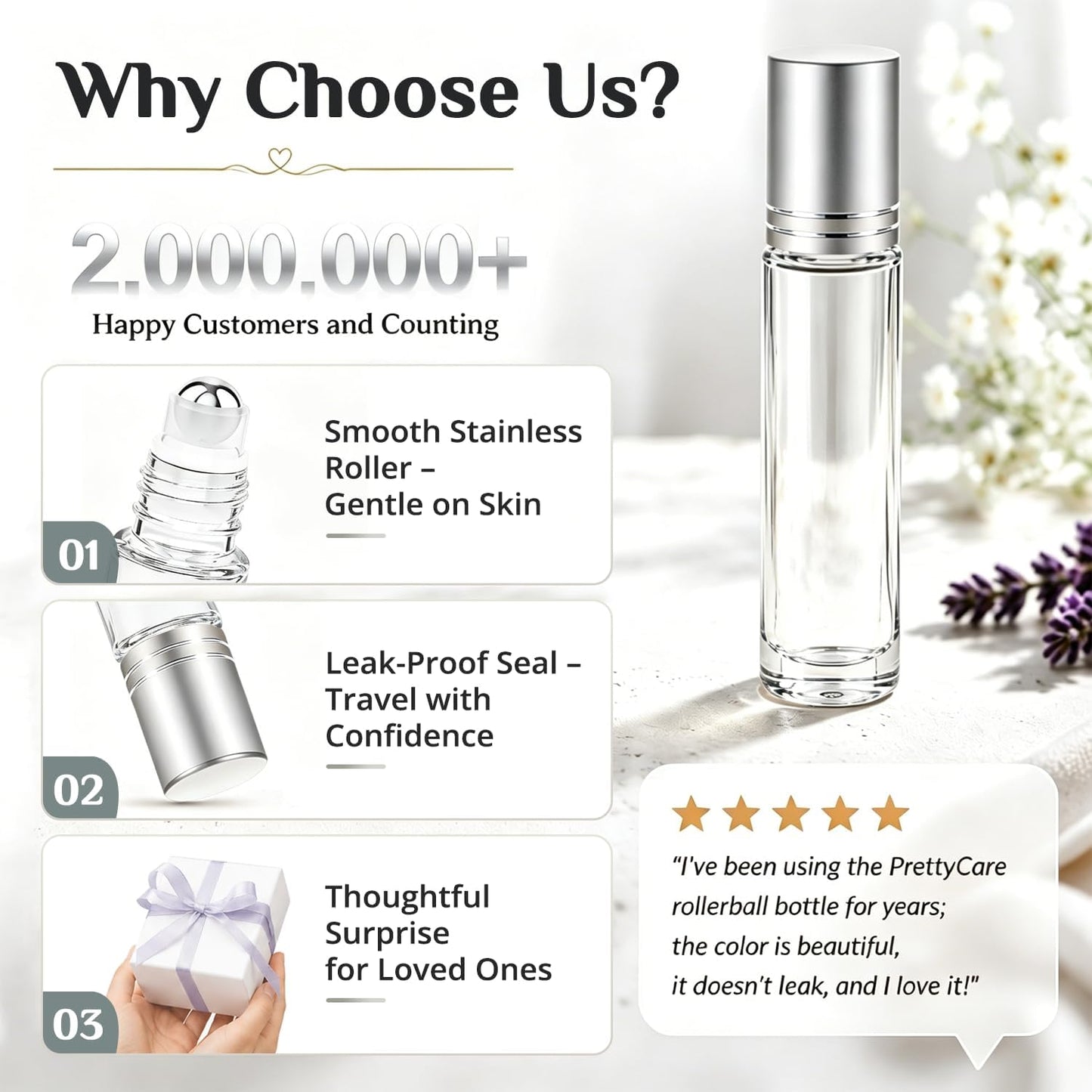 PrettyCare Set of 60, 10 ml Essential Oil Roller Bottles with Stainless Steel Roller Ball - Bulk Refillable Leak-proof Empty Clear Glass Roll on Bottles with Silver Metal Caps for Travel, Perfume