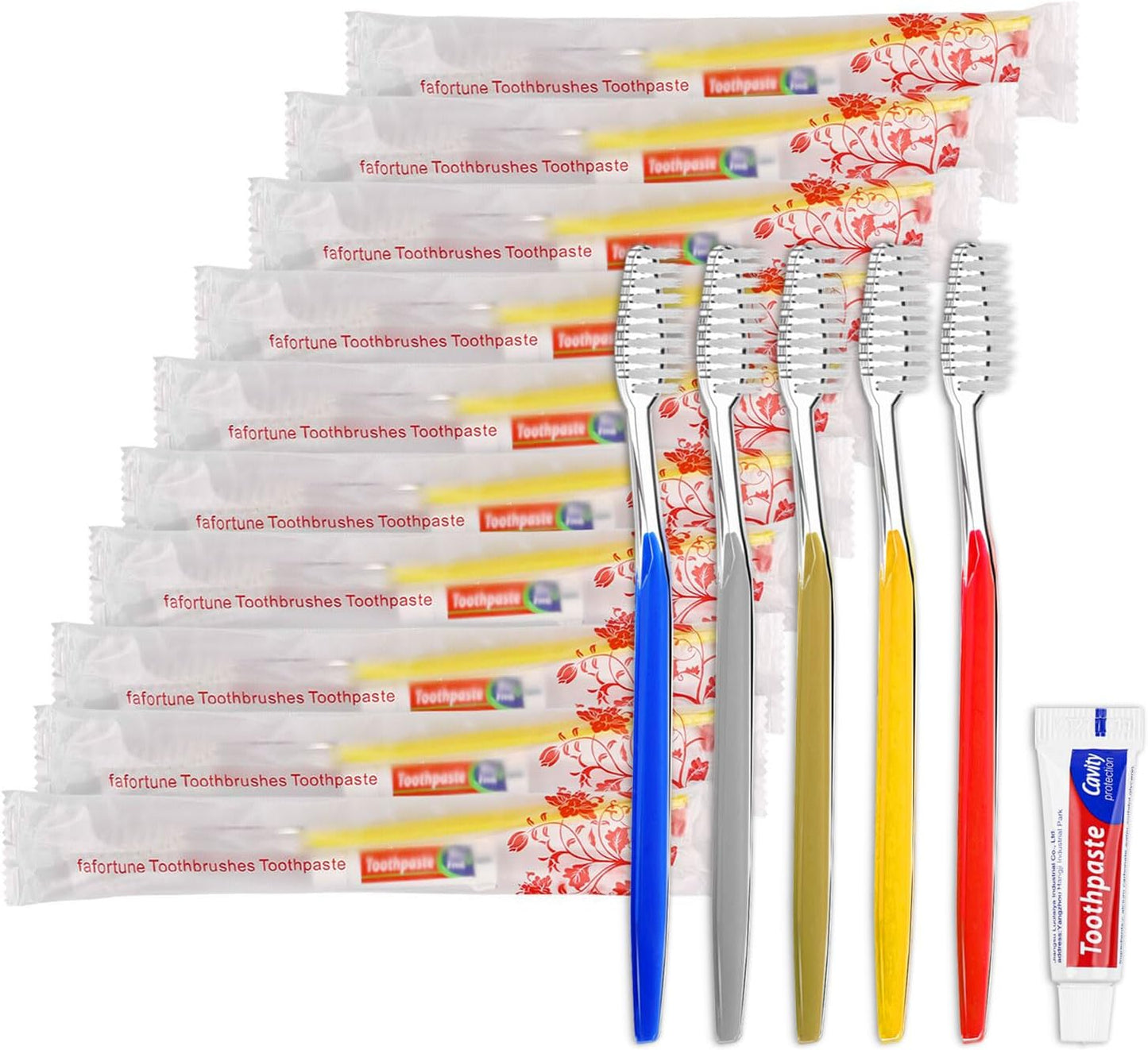 50 Disposable Toothbrushes with Toothpaste Individually Wrapped 5 Colors | Bulk Toothbrush and Toothpaste for Homeless Travel Shelter Air Bnb Hotel Guest