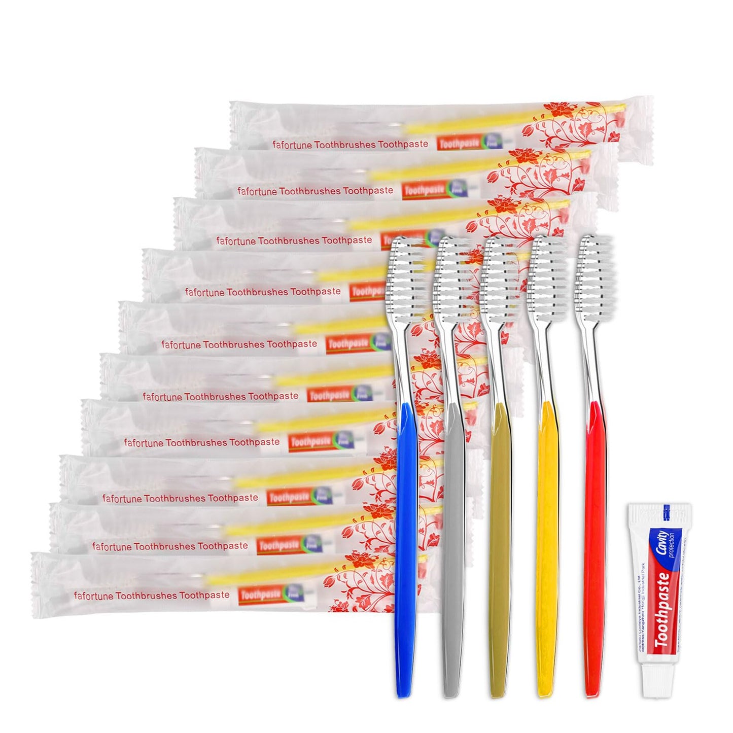 50 Disposable Toothbrushes with Toothpaste Individually Wrapped 5 Colors | Bulk Toothbrush and Toothpaste for Homeless Travel Shelter Air Bnb Hotel Guest
