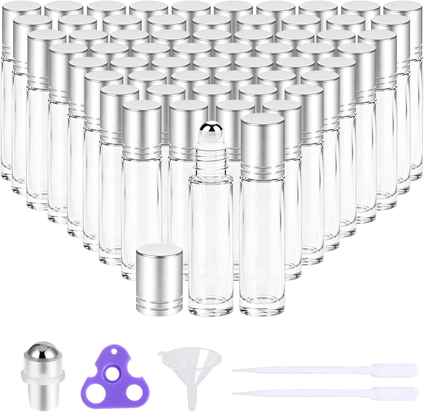 PrettyCare Set of 60, 10 ml Essential Oil Roller Bottles with Stainless Steel Roller Ball - Bulk Refillable Leak-proof Empty Clear Glass Roll on Bottles with Silver Metal Caps for Travel, Perfume