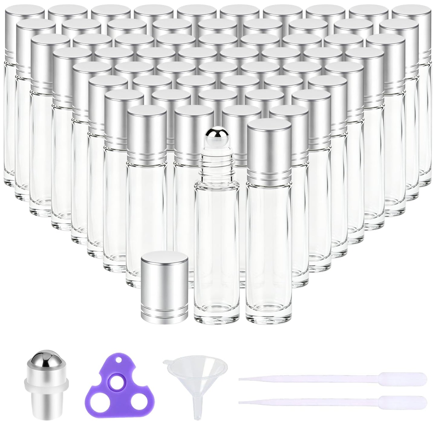 PrettyCare Set of 60, 10 ml Essential Oil Roller Bottles with Stainless Steel Roller Ball - Bulk Refillable Leak-proof Empty Clear Glass Roll on Bottles with Silver Metal Caps for Travel, Perfume