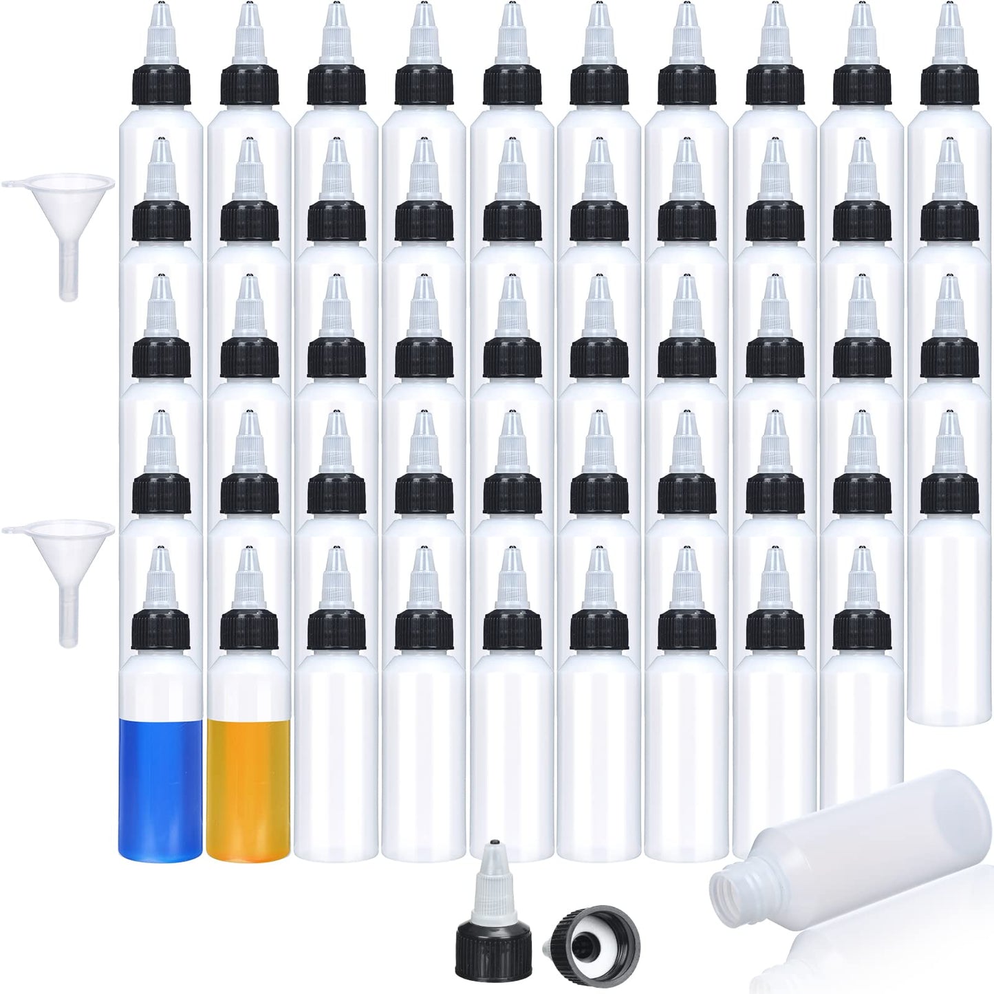 Honeydak 50 Pcs 2 oz Boston Dispensing Squeeze Bottles Empty Plastic Squeeze with Twist Cap Small Clear Bottle Round Bottles with 2 Funnels for Liquids Oils arts Kitchen Household(Black)