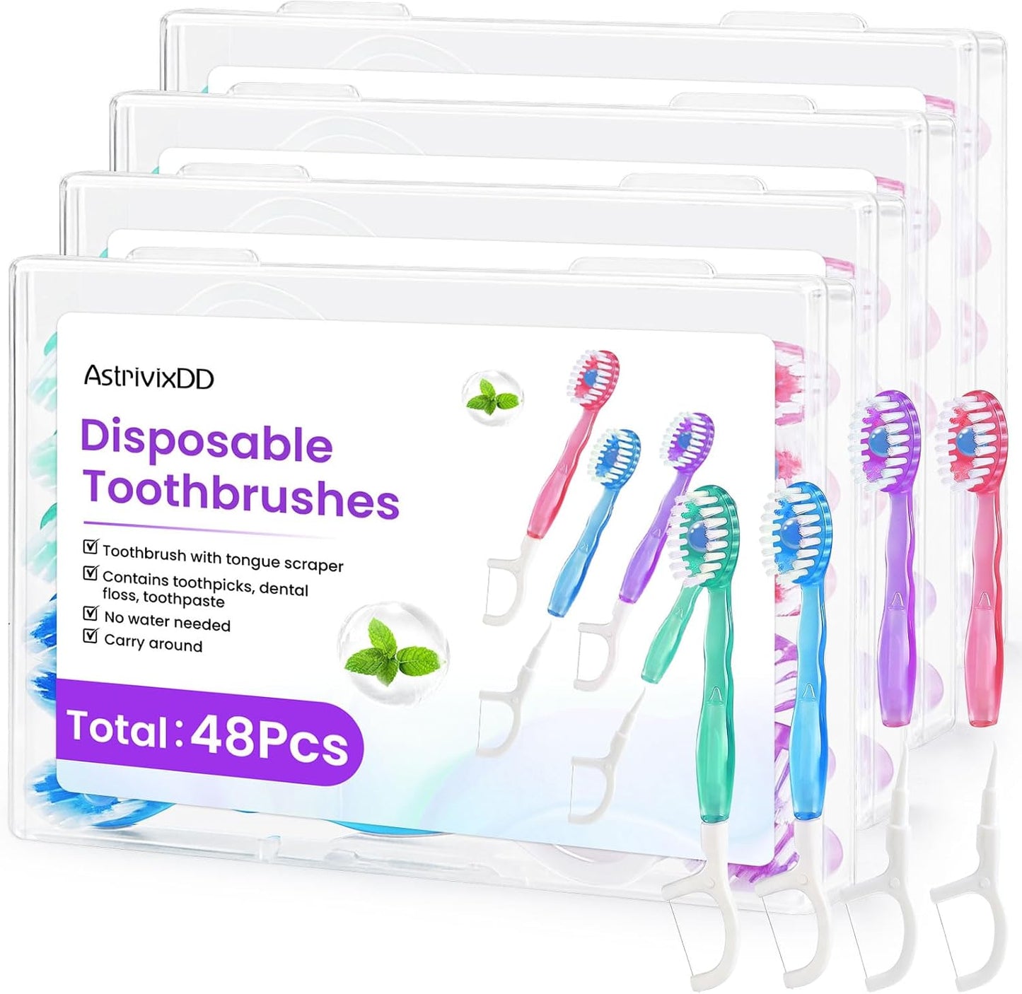 48 Pack 5-in-1 Mini Toothbrush Disposable, Prepasted Toothbrushes | Waterless Disposable Toothbrushes with Toothpaste, Floss, Tongue Scraper & Toothpick, for Travel, Hotel, Camping