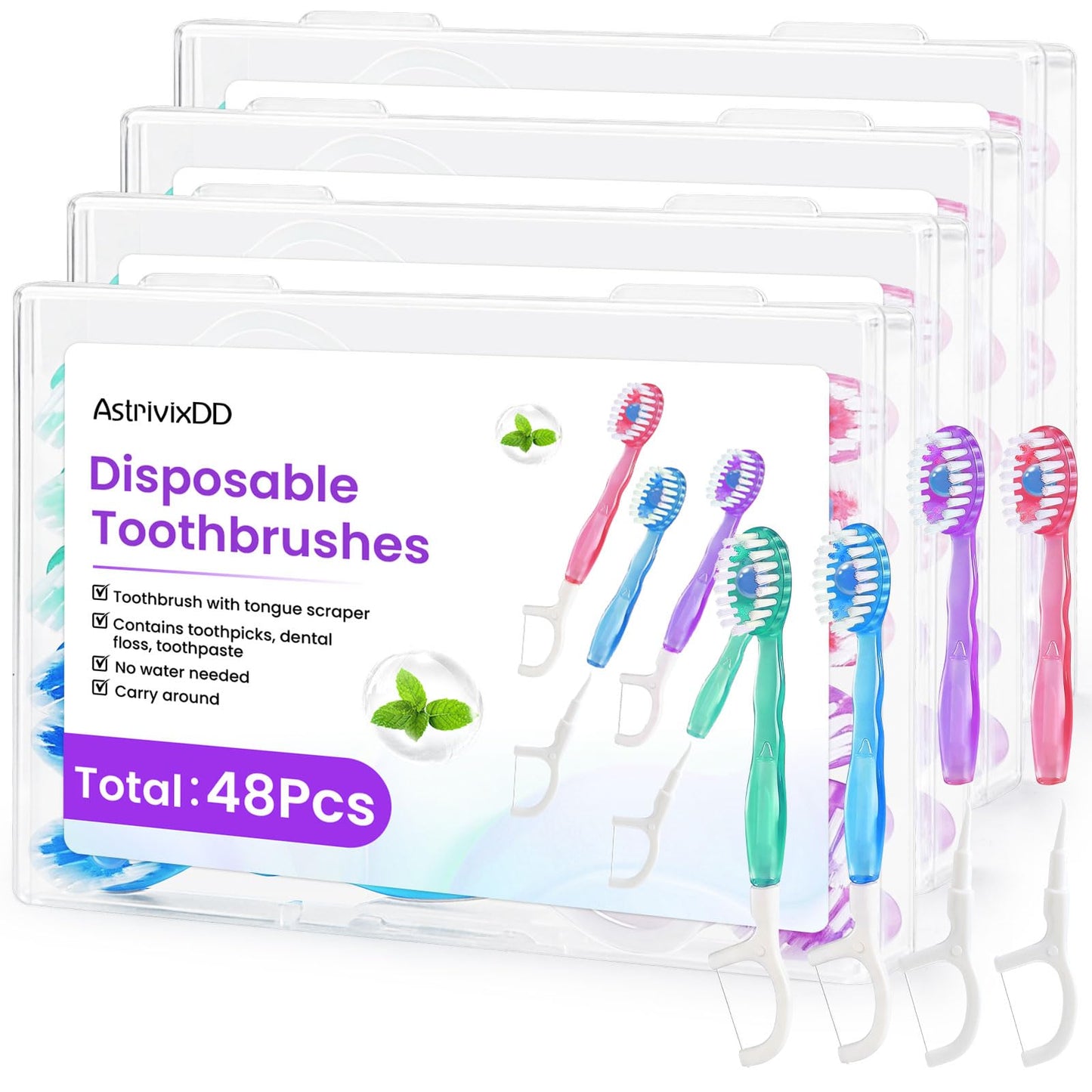 48 Pack 5-in-1 Mini Toothbrush Disposable, Prepasted Toothbrushes | Waterless Disposable Toothbrushes with Toothpaste, Floss, Tongue Scraper & Toothpick, for Travel, Hotel, Camping