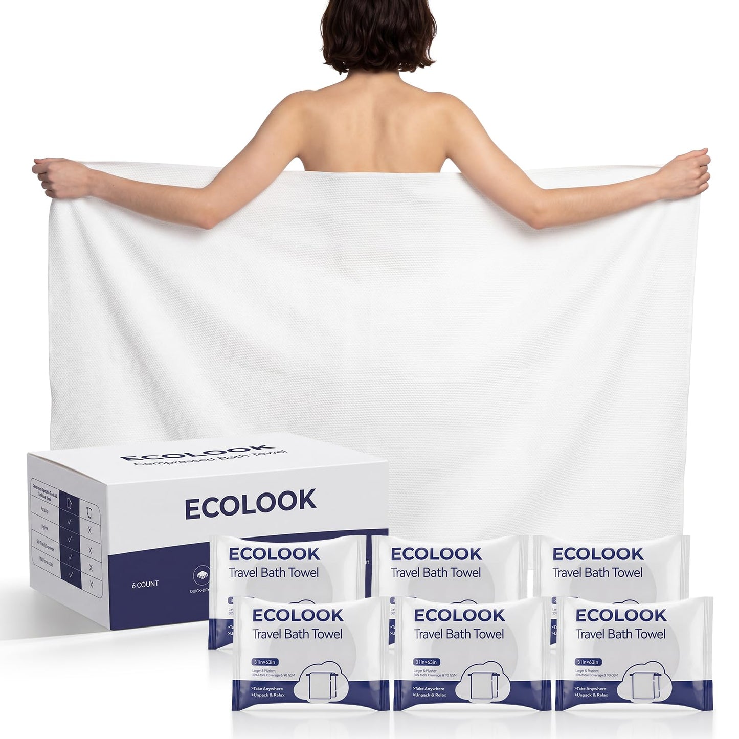 ecolook Compressed Disposable Bath Towels, 31 x 63 Inch 90GSM Ultra Thick Soft Travel Towel, Reusable Plant Fiber Towels for Camping Beach Swimming Hotel & Daily Use - 6 Pack