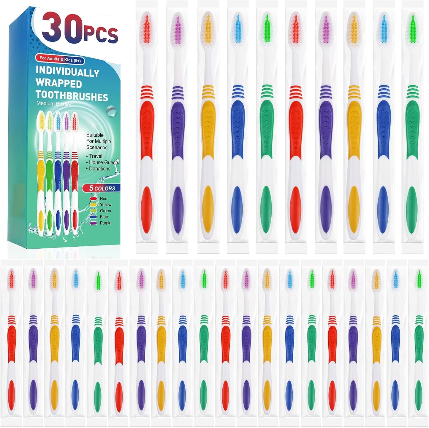 30 PCS Disposable Toothbrushes Pack, Bulk Toothbrush Individually Wrapped | Medium Soft Bristle Toothbrush, Kids Toothbrushes, Ergonomics Handle, Perfect for Travel Hotel Donation