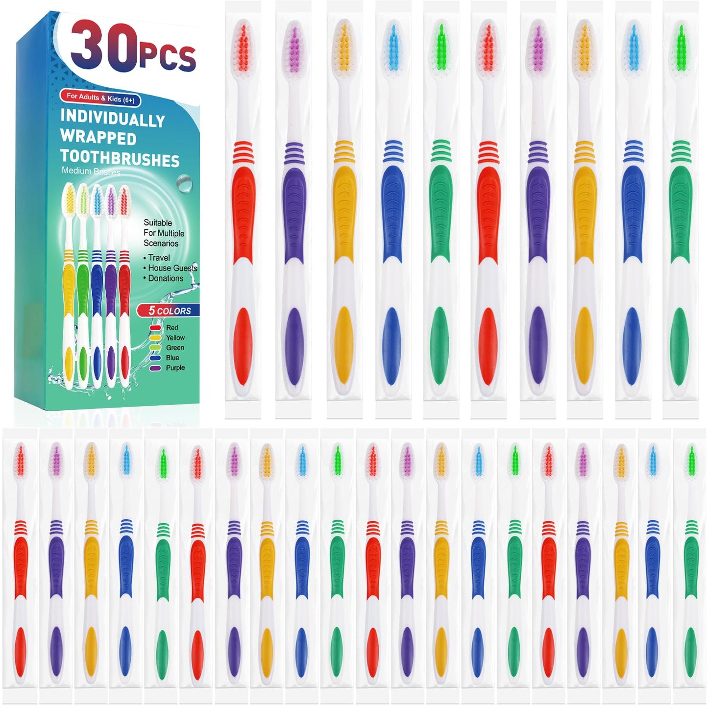 30 PCS Disposable Toothbrushes Pack, Bulk Toothbrush Individually Wrapped | Medium Soft Bristle Toothbrush, Kids Toothbrushes, Ergonomics Handle, Perfect for Travel Hotel Donation