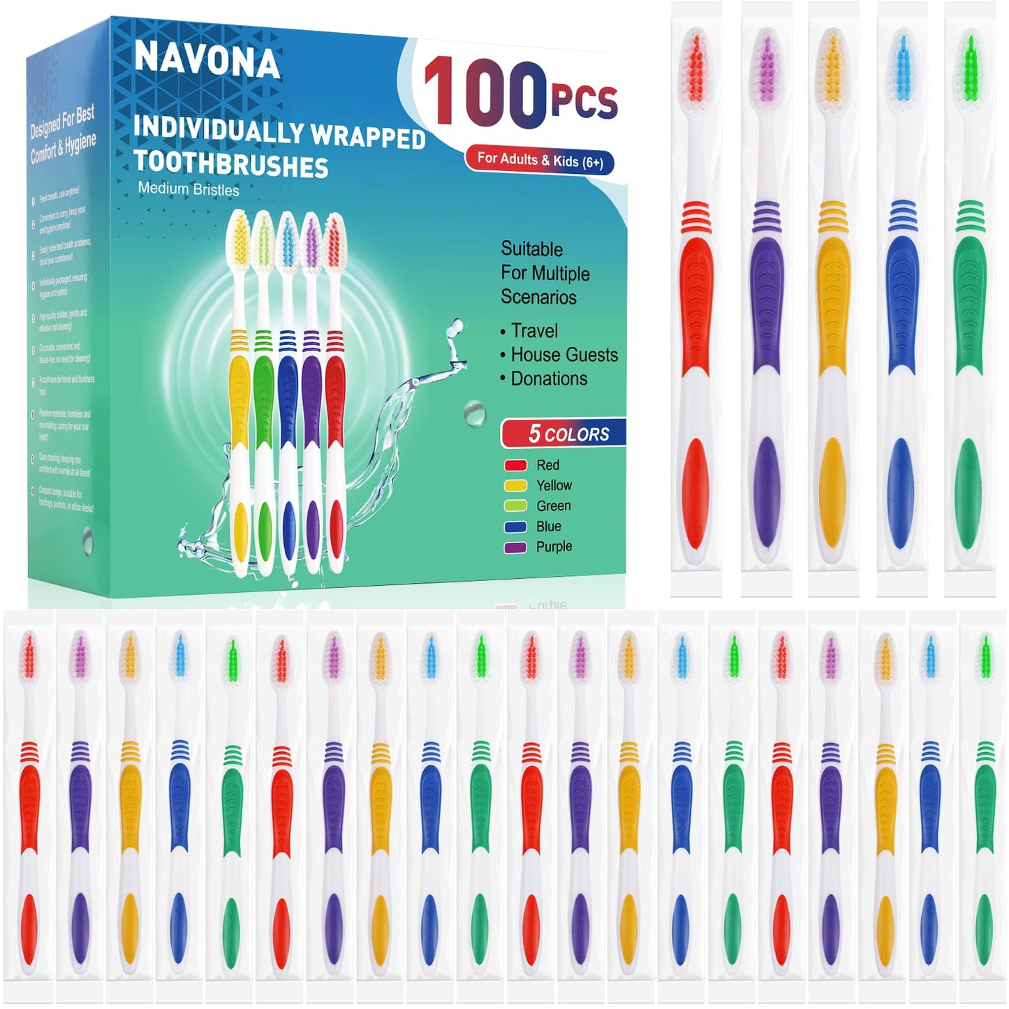 30 PCS Disposable Toothbrushes Pack, Bulk Toothbrush Individually Wrapped | Medium Soft Bristle Toothbrush, Kids Toothbrushes, Ergonomics Handle, Perfect for Travel Hotel Donation