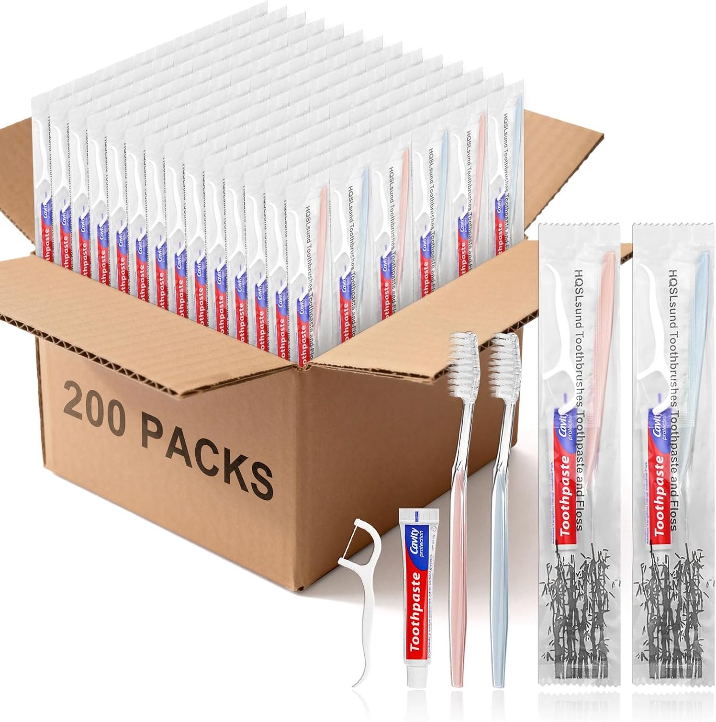 200pcs Disposable Toothbrushes with Toothpaste Floss, 2 Colors | Individually Wrapped, Disposable Toothbrush, 10g Toothpaste, Floss Pick, Bulk Toothbrush Kit for Homeless, Airbnb, Hotel