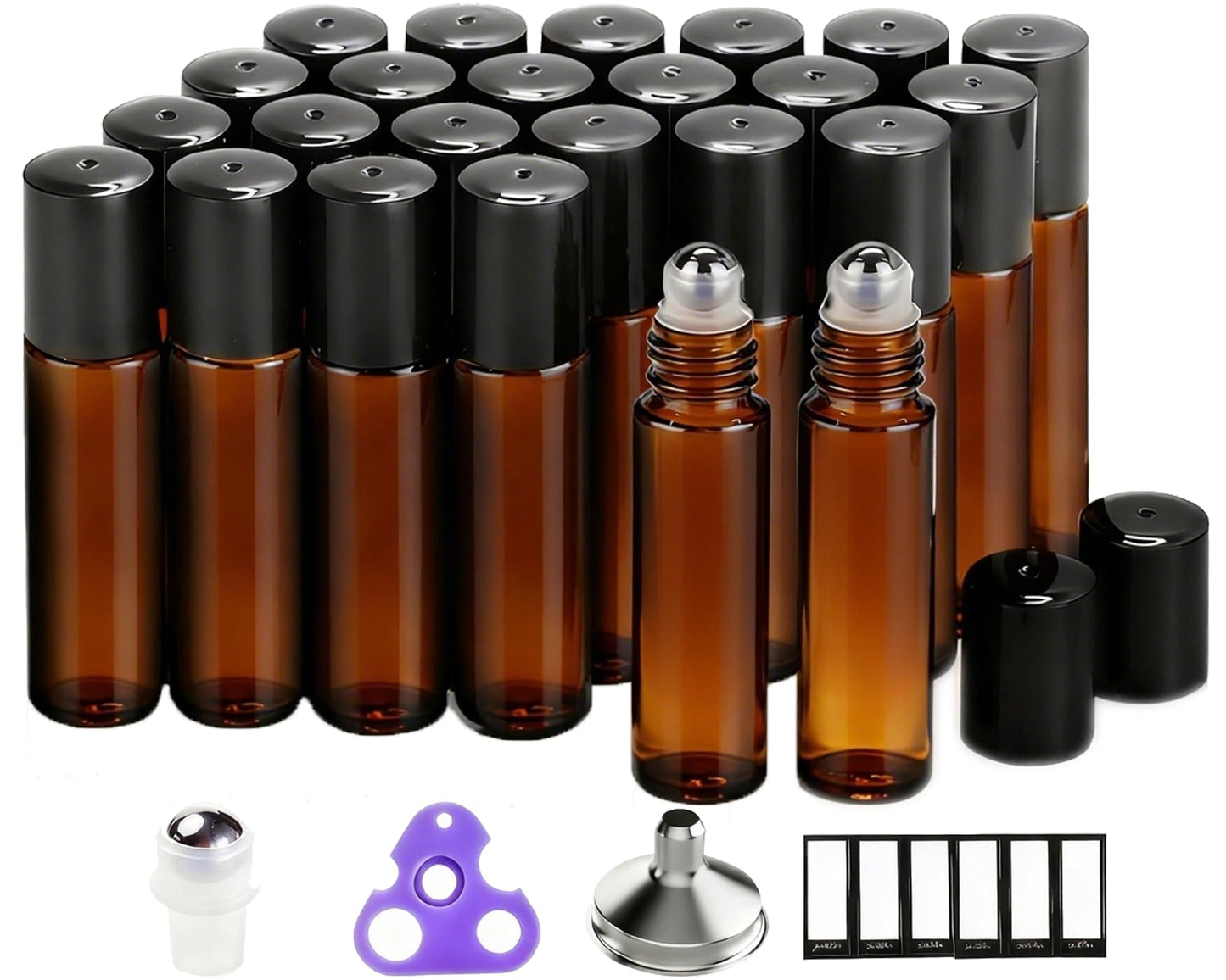 PrettyCare Set of 60, 10 ml Essential Oil Roller Bottles with Stainless Steel Roller Ball - Bulk Refillable Leak-proof Empty Clear Glass Roll on Bottles with Silver Metal Caps for Travel, Perfume