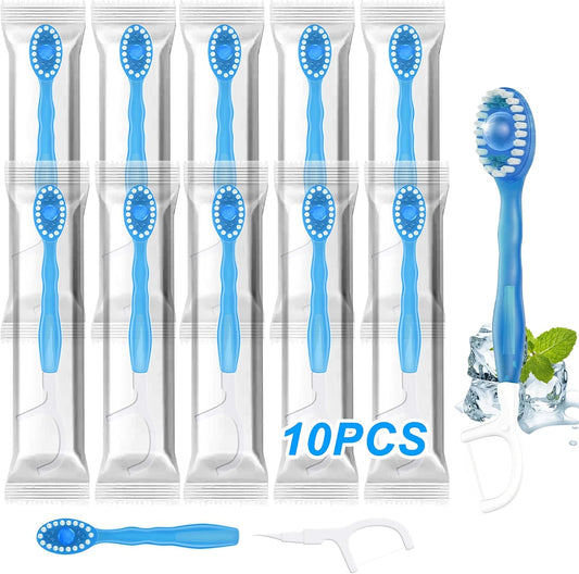 10 Pack 5-in-1 Disposable Toothbrushes with Toothpaste, Mint Flavor | Built-in Floss, Toothpick & Tongue Scraper, Individually Wrapped Mini Toothbrush Set for Travel, Camping & Daily Work Use