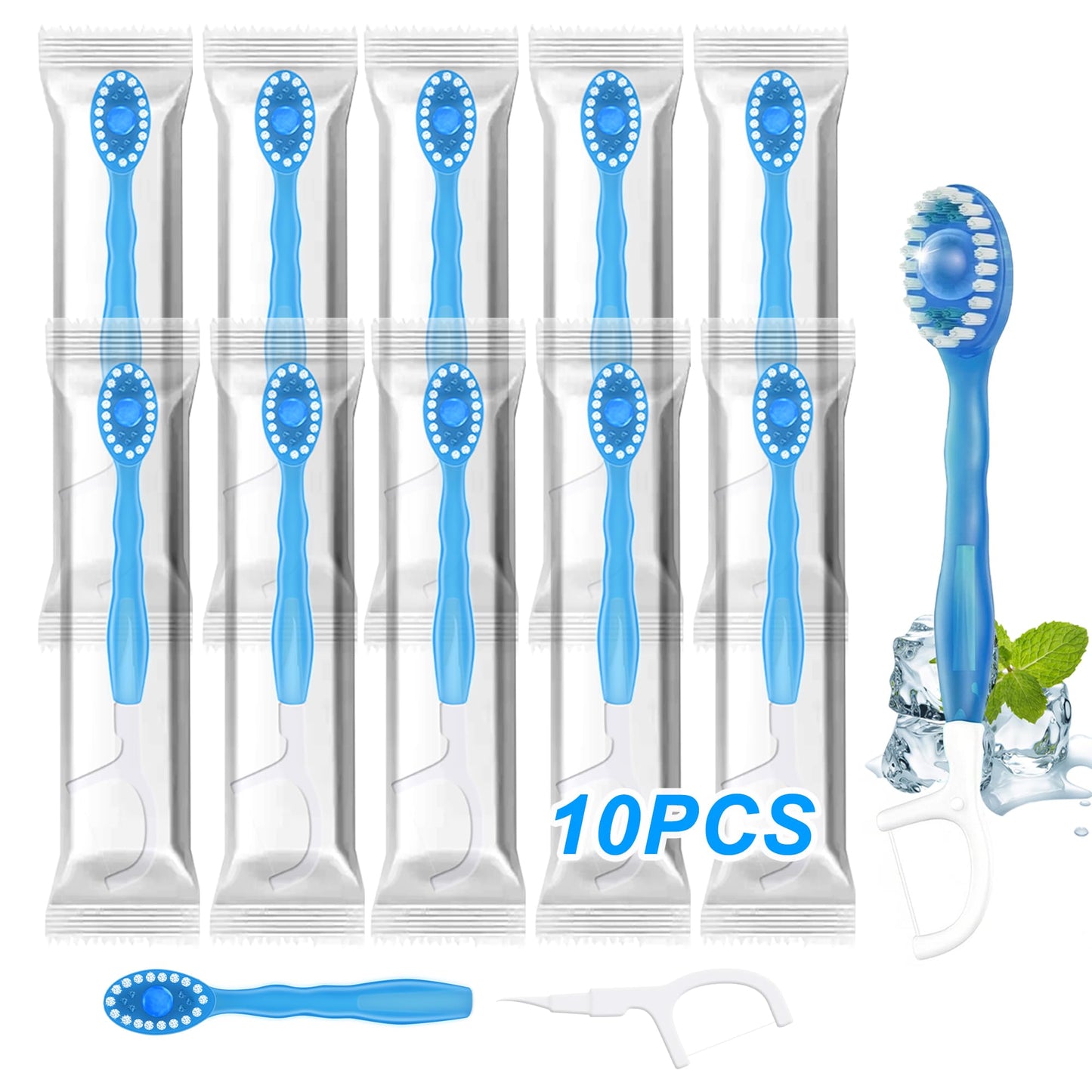 10 Pack 5-in-1 Disposable Toothbrushes with Toothpaste, Mint Flavor | Built-in Floss, Toothpick & Tongue Scraper, Individually Wrapped Mini Toothbrush Set for Travel, Camping & Daily Work Use
