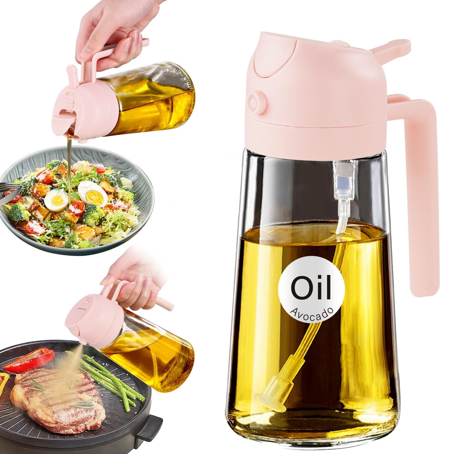 YARRAMATE 16 oz 2-in-1 Glass Olive Oil Sprayer for Cooking, Black | Food-grade dispenser bottle, 470 ml, spray and pour, portion control, stickers included, for salad, frying and BBQ