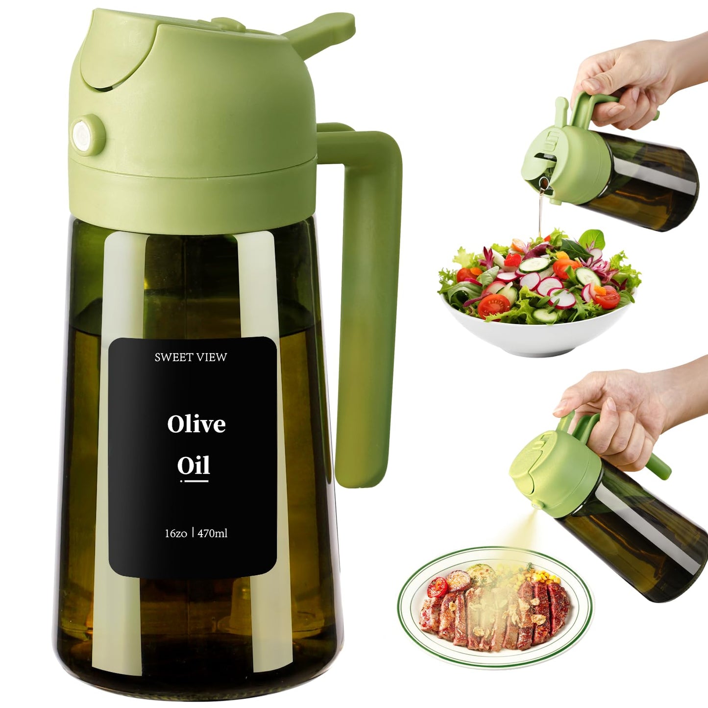 SWEET VIEW 2Pcs Olive Oil Spray Bottle 16oz/470ml | Glass Light-Proof Oil Pourer/Dispenser for Kitchen Air Fryer, Cooking, Salad, and BBQ, with Stickers