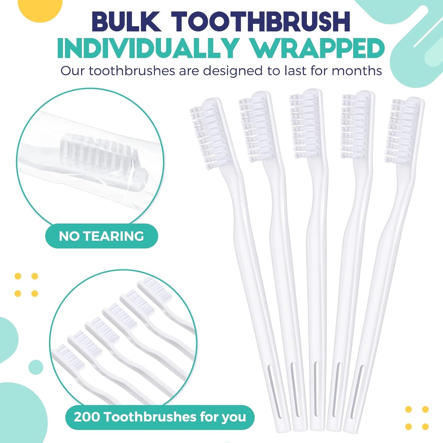 Chengu 200 Pcs Toothbrush Bulk Disposable, Individually Wrapped,White | Disposable Toothbrush for Hotels Donations Guests Adults, Individually Wrapped Tooth Brushes with Soft Bristle, Single Use