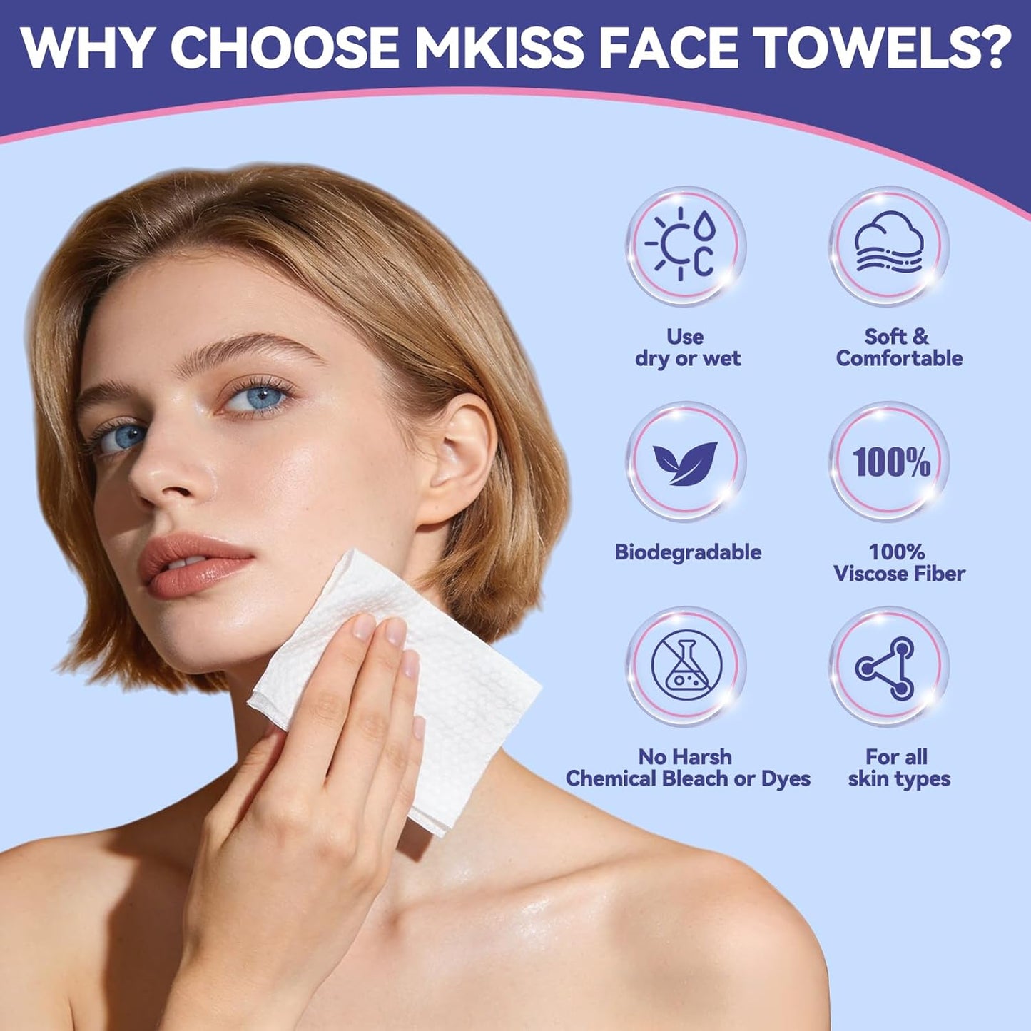MKISS Large Disposable Face Towels 200 Count,Biodegradable Thick 10"×12" | Premium Facial Towels,Makeup Remover Dry Wipes,Soft Face Towelettes for Sensitive Skin,Skincare and Women Cleaning