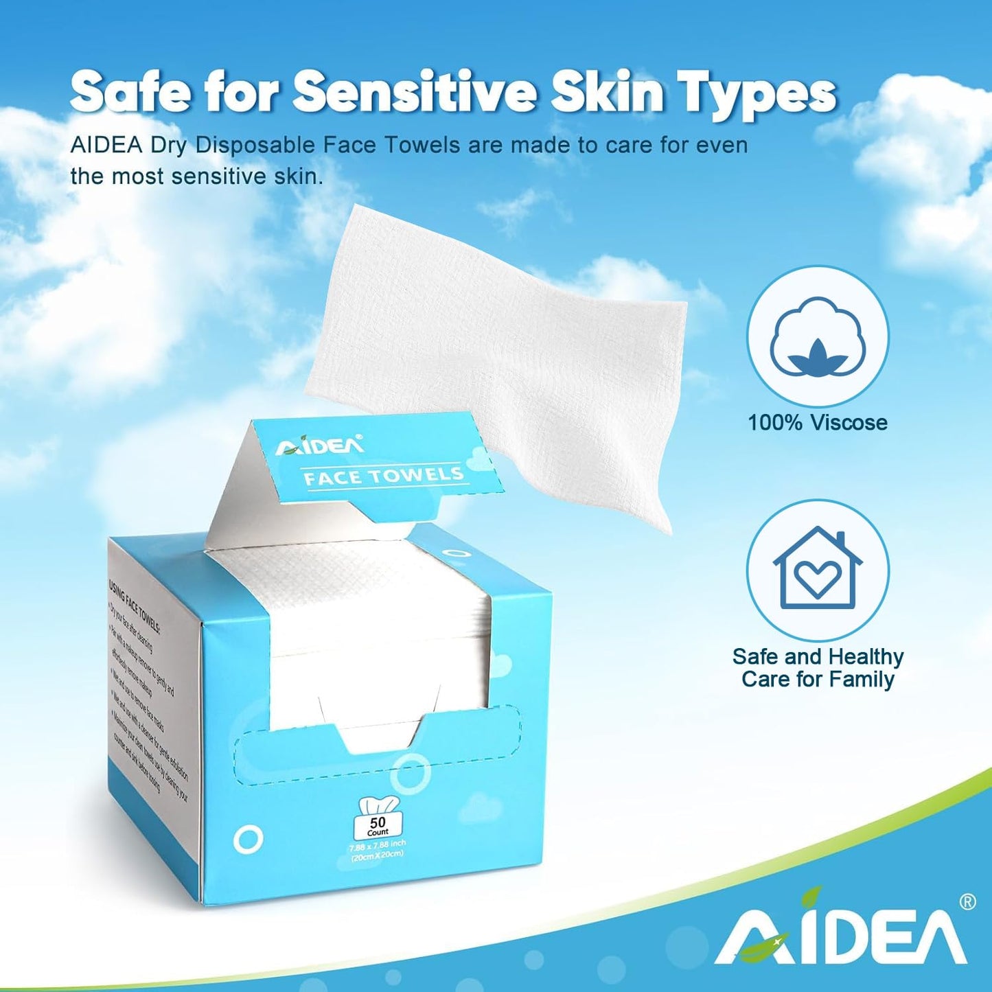 AIDEA Face Towels Disposable-100Ct (2 Box), Face Cloths for Sensitive Skin | Clean Facial Towelettes, Facial Cleansing Wipes for Makeup Removing, Nursing, Travel, Dry Wipes