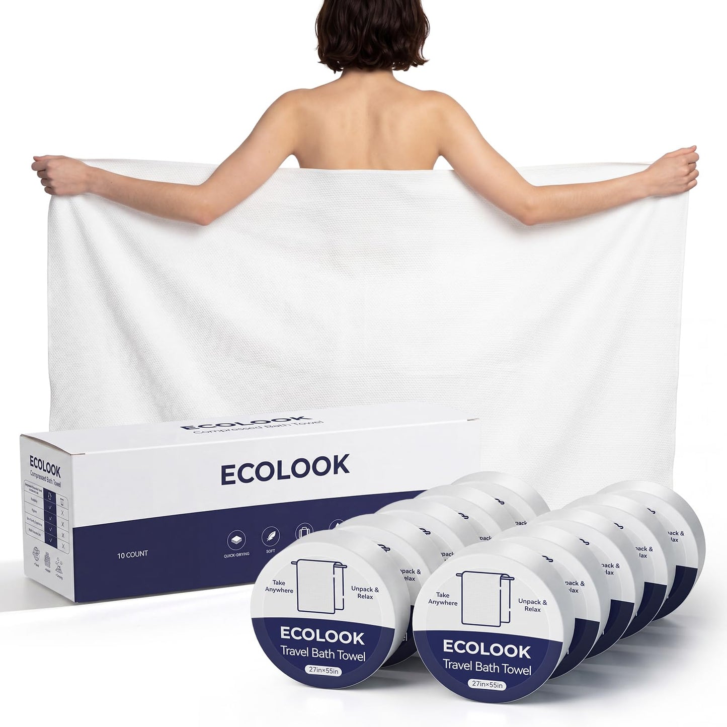 ecolook Compressed Disposable Bath Towels, 31 x 63 Inch 90GSM Ultra Thick Soft Travel Towel, Reusable Plant Fiber Towels for Camping Beach Swimming Hotel & Daily Use - 6 Pack