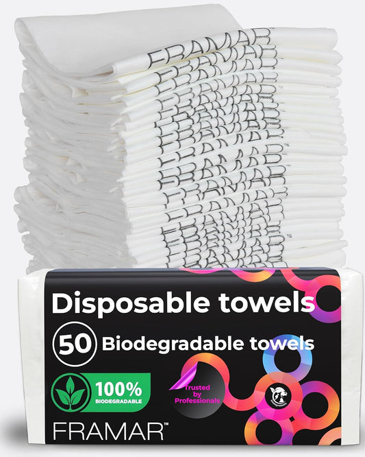 FRAMAR Biodegradable Salon Towels for Hair Stylist, Hair Towels for Women | Disposable Towel, Salon Towel, for Spa, Barber, Gym, Super Absorbent and Extra Soft, 50 Count